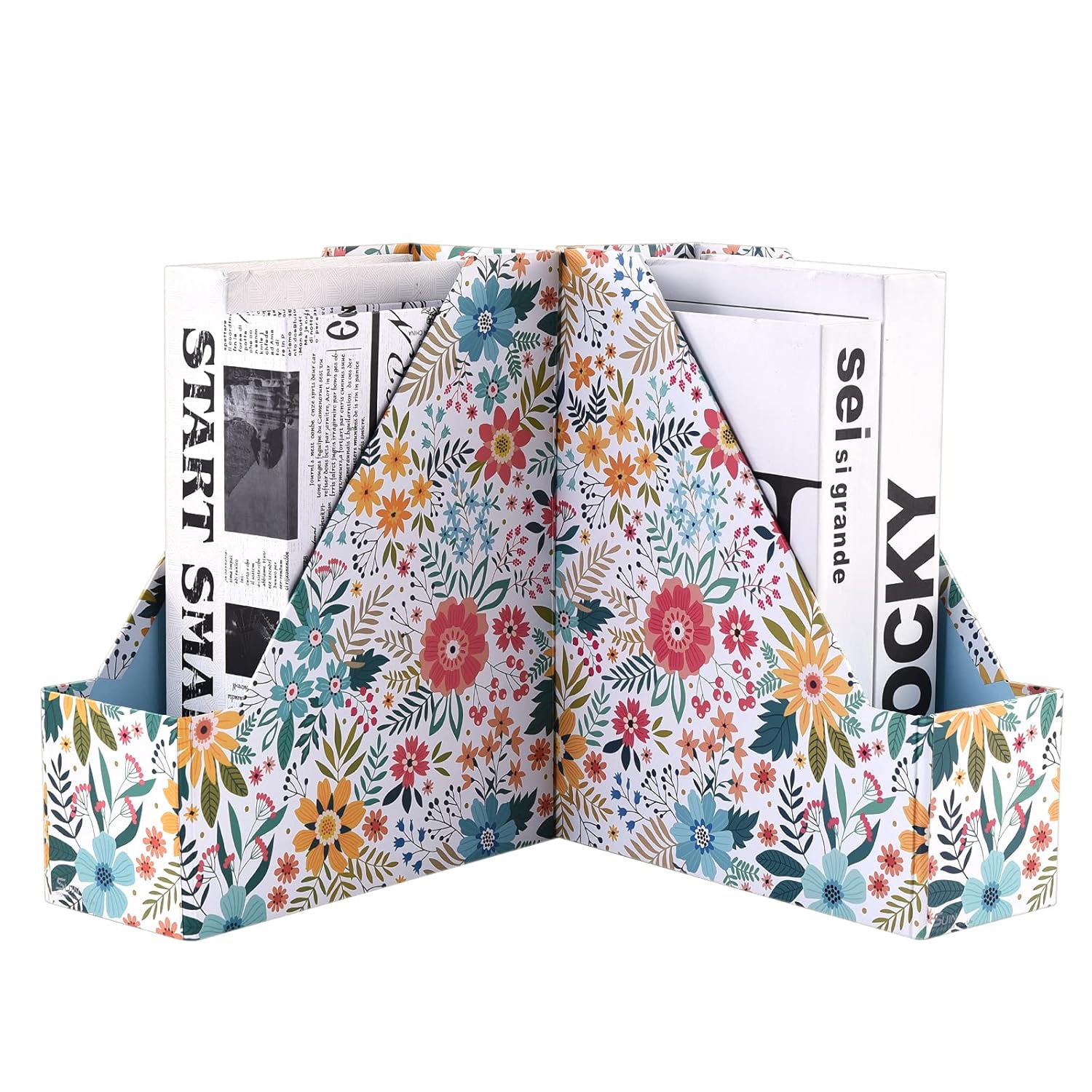 SUIN 2 Packs Foldable Magazine-File Holder, Seamless Floral Design File-Boxes Desk Organizer for Office/Home/School, Cardboard