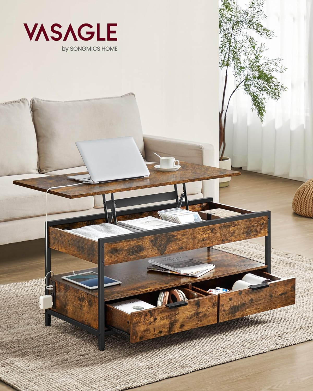 VASAGLE Lift Top Coffee Table with Storage Drawers, Coffee Table for Living Room with Lifting Top, Hidden Compartments and Open Shelf, Rustic Brown and Ink Black ULCT209K01