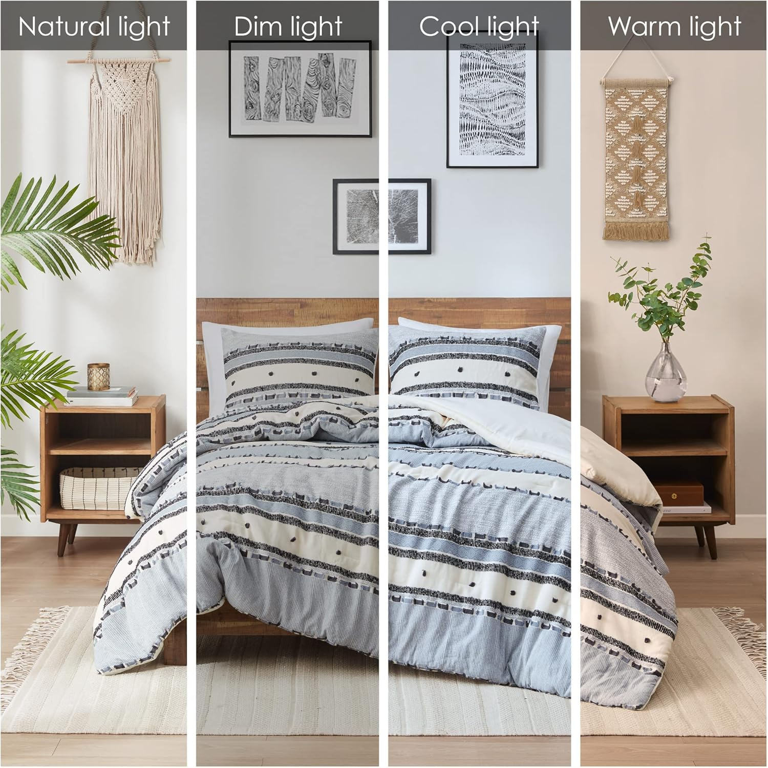 Hyde Lane Boho Blue King Comforter Set ，Modern Farmhouse Tufted Bedding Sets, Cotton Top with Neutral Rustic Style Clipped Jacquard Stripes, 3-Pieces Including Matching Pillow Shams (104x90 Inches)