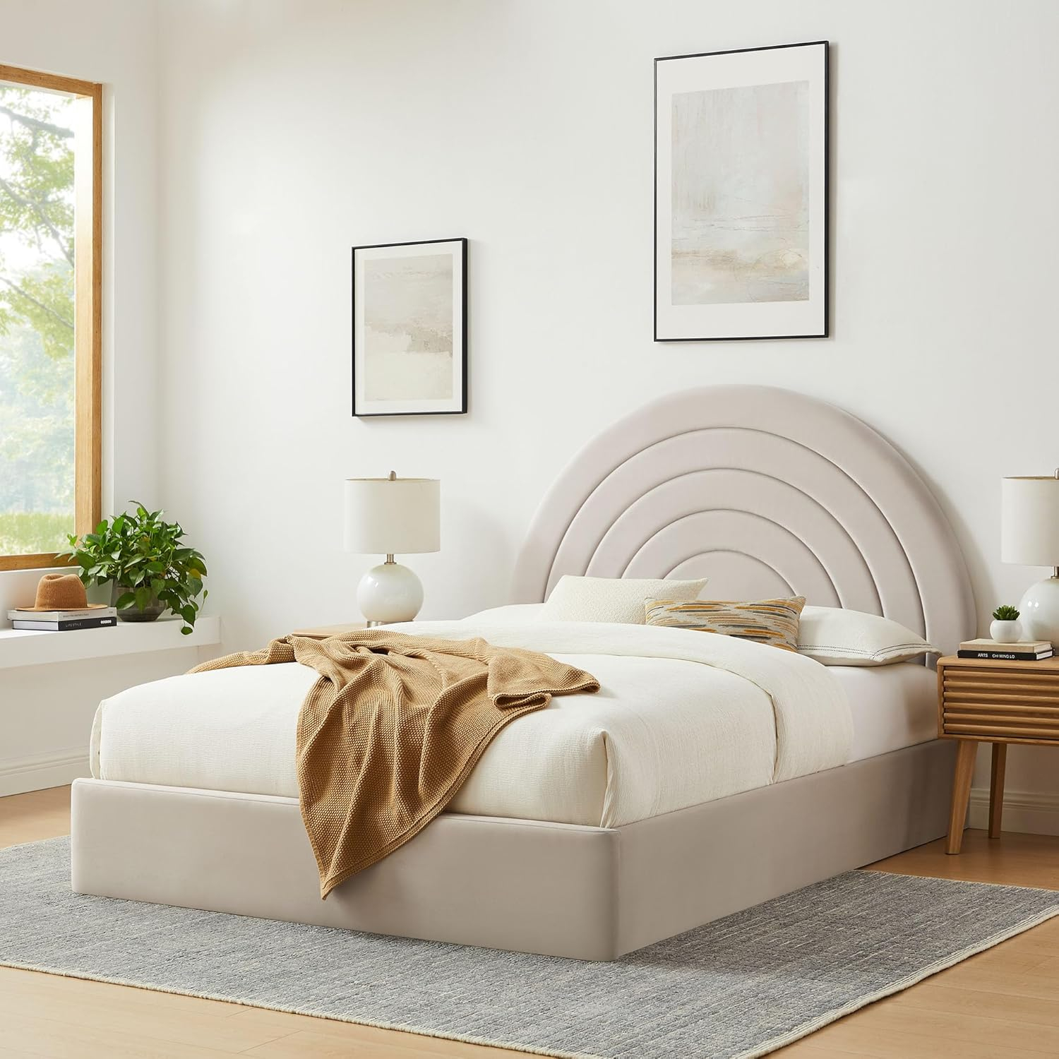 Almond Velvet Full Platform Bed with Arched Upholstered Headboard