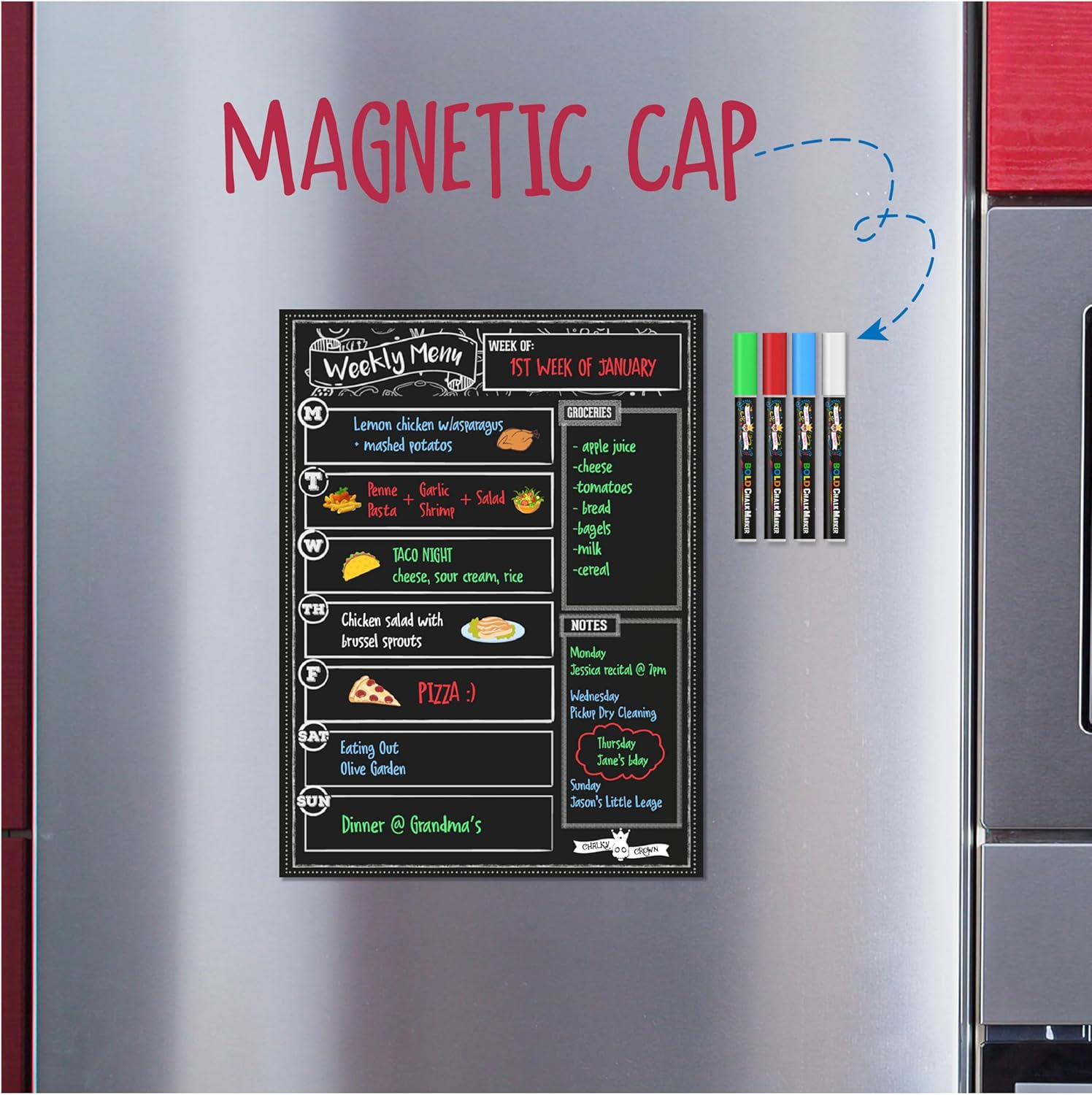CHALKY CROWN Magnetic Dry Erase Menu Board for Fridge with 4 Liquid Chalk Markers