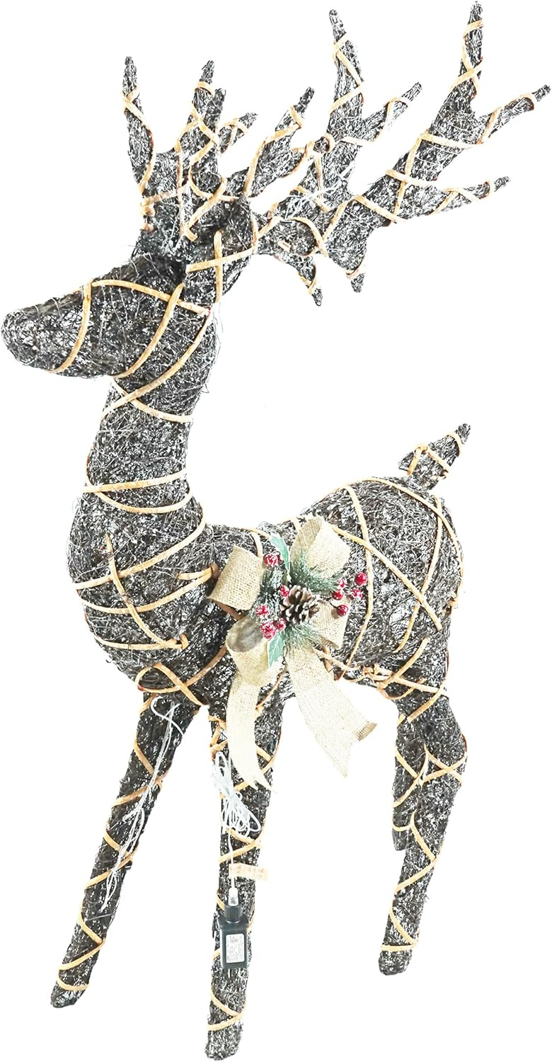 Twig with Natural Rattan Wrapped Reindeer and Warm White LED