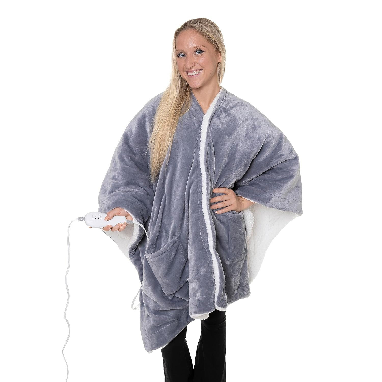 Snuggie Heated Wrap - Wearable Heated Electric Blanket with 4 Heat Settings, Auto Off, 50" x 60" Machine Washable, Warm, Cozy, Super Soft Sherpa, Functional Shawl for Adults- Grey