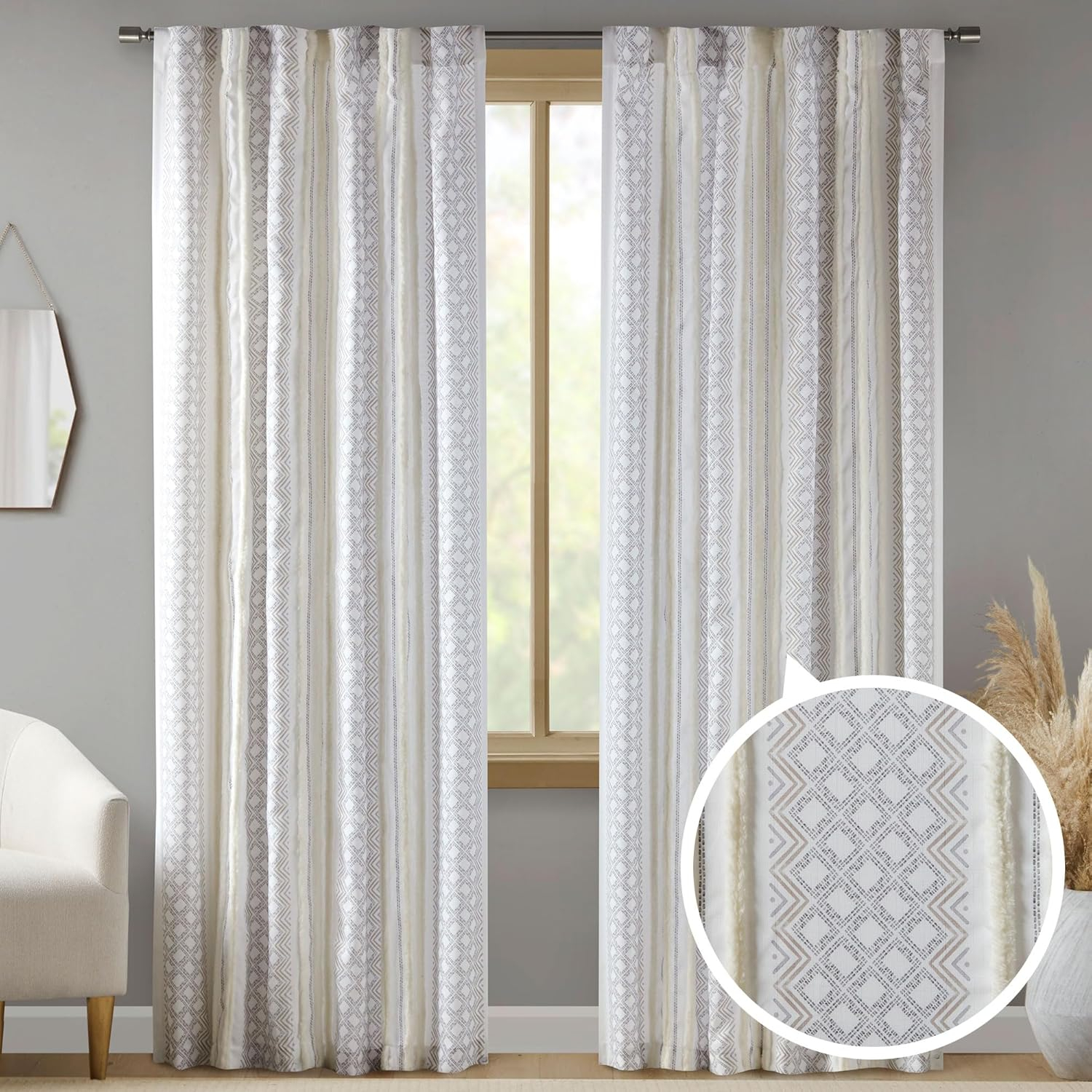 Ebby White and Taupe Geometric Velvet Polyester Window Panels