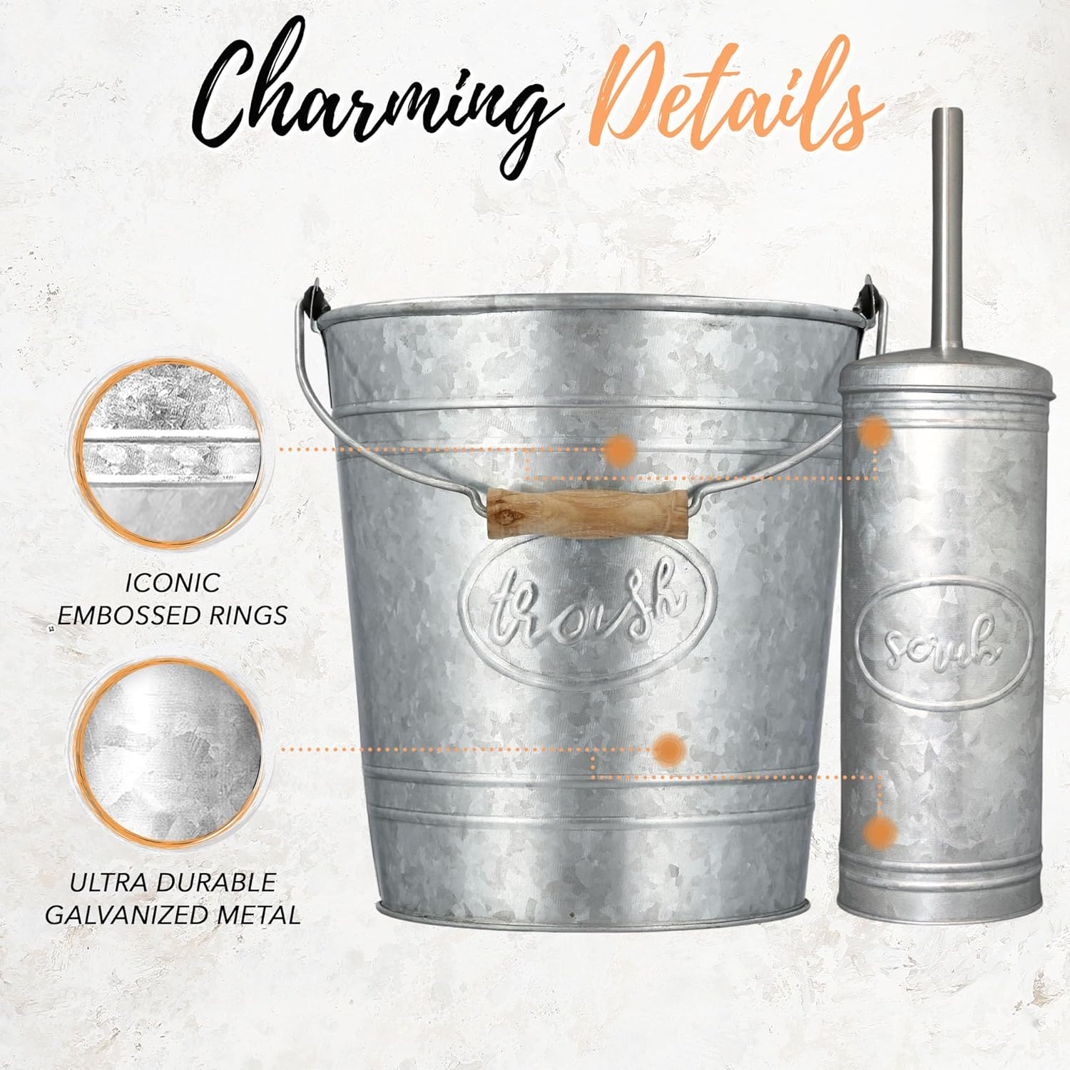 Galvanized Steel Rustic Bathroom Trash Can and Toilet Brush Set