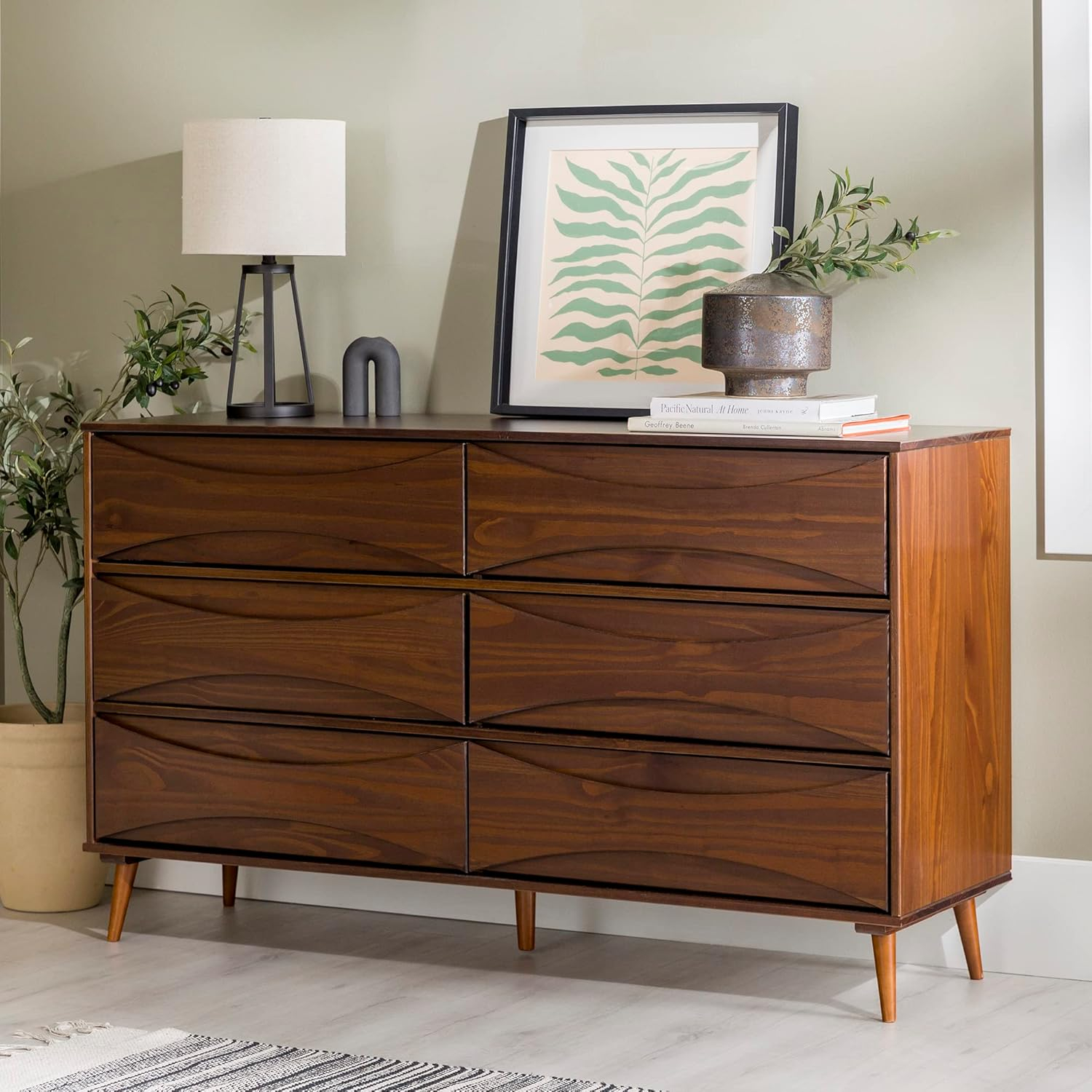 Walnut Mid-Century Modern 6-Drawer Solid Wood Dresser