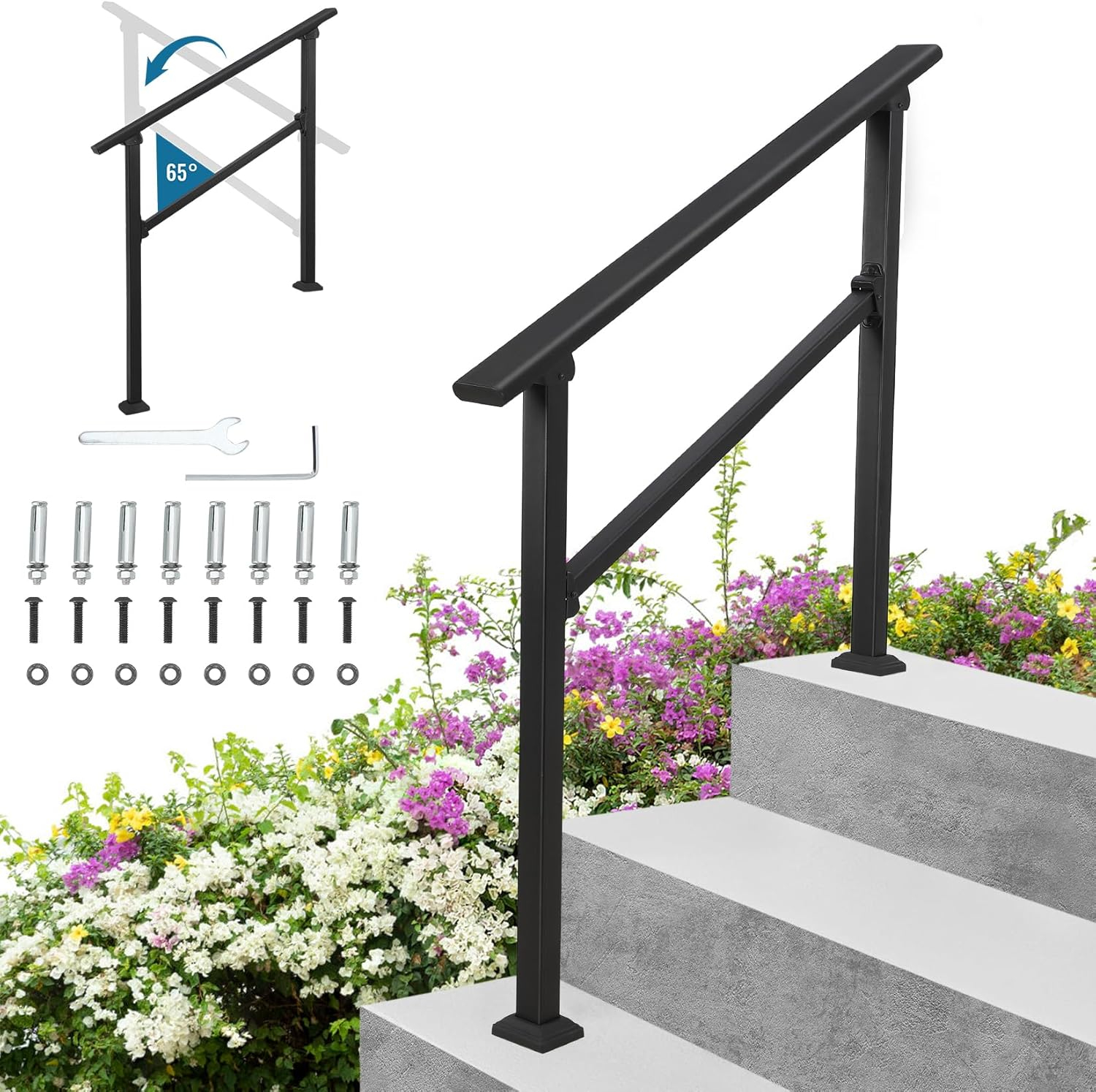 TROPOW Handrails for Outdoor Steps, Adjustable 3 Steps Handrails Outdoor, Porch Handrails for Stairs Fit 2-3 Steps, Metal Porch Railing, Deck Handrail, Black Hand Rails kit, Upgrade Aluminium