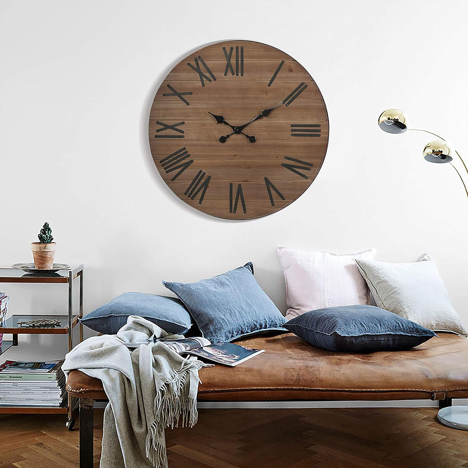 FLORA Large Wall Clock Silent Decor, 24 Inches Round Wooden Wall Clocks with Roman Numerals for Living Room Home Office Kitchen