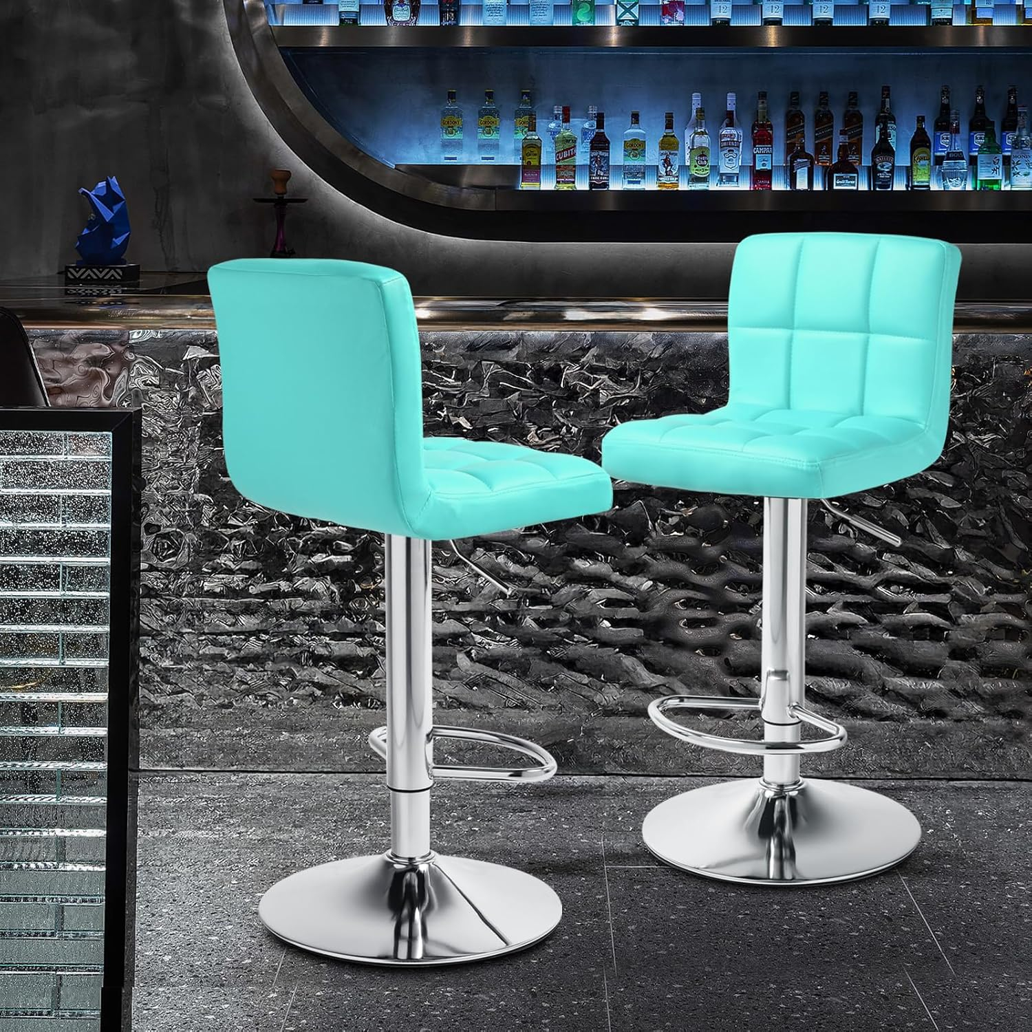 Magshion Modern Square Faux Leather Adjustable Bar Stools with Back, Set of 2, Counter Height Swivel Stool, Barstools for Kitchen Counter, Teal Blue