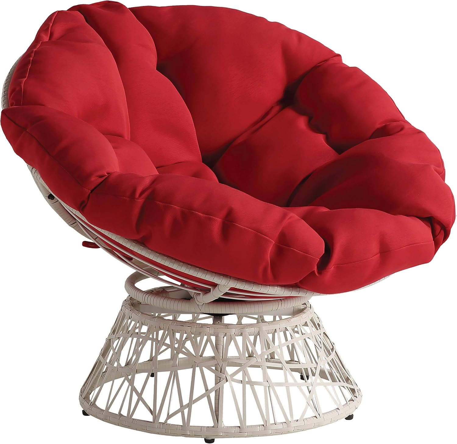 Papasan Chair with Red Round Fabric Pillow Cushion and Cream Wicker Weave