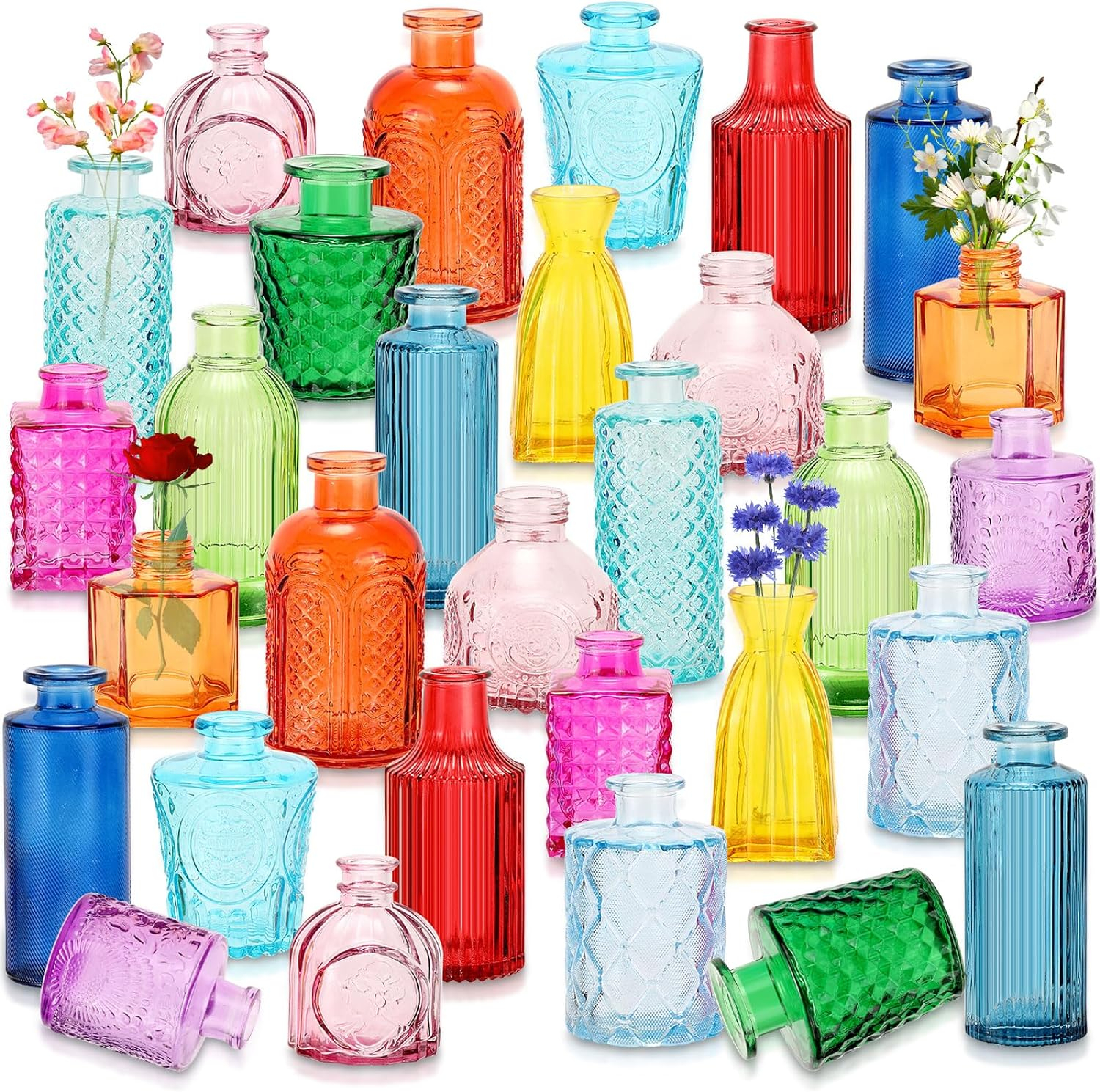 Yaomiao 30 Pcs Vases Bulk Colored Flower Glass Vases Bud Vintage Colored Glass Bottles Colorful Rustic Embossed for Home Wedding Table Decorations Gifts (Bright Color)