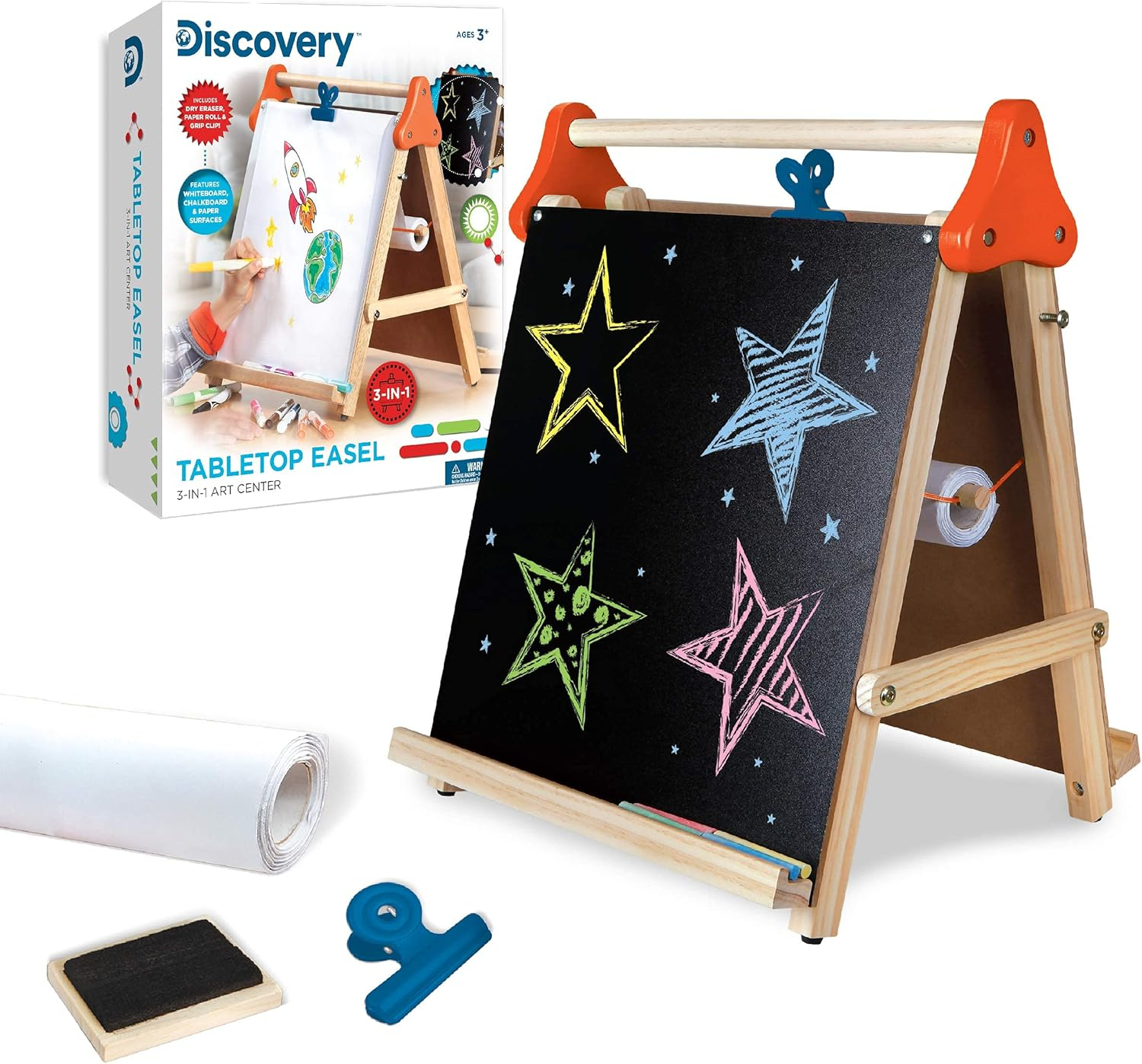 Discovery Kids Tabletop Easel 3-In-1 Art Center, with Whiteboard, Chalkboard And Paper Surfaces