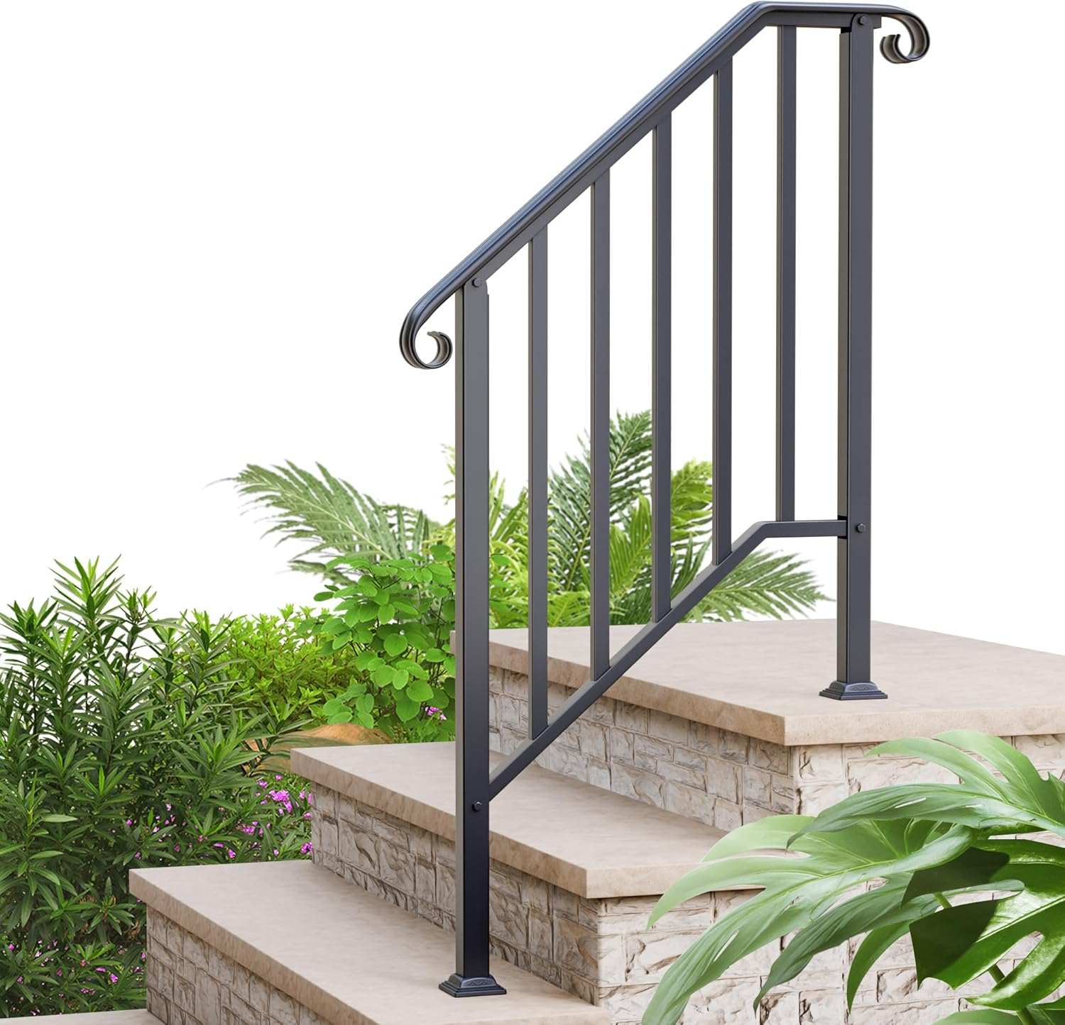 3 Step Handrails for Outdoor Steps, Wrought Iron Stair Railing Fits 2 or 3 Steps, Metal Hand Railing with Installation Kit, Staircase Handrails for Concrete, Porch, Deck, Exterior Steps, Black