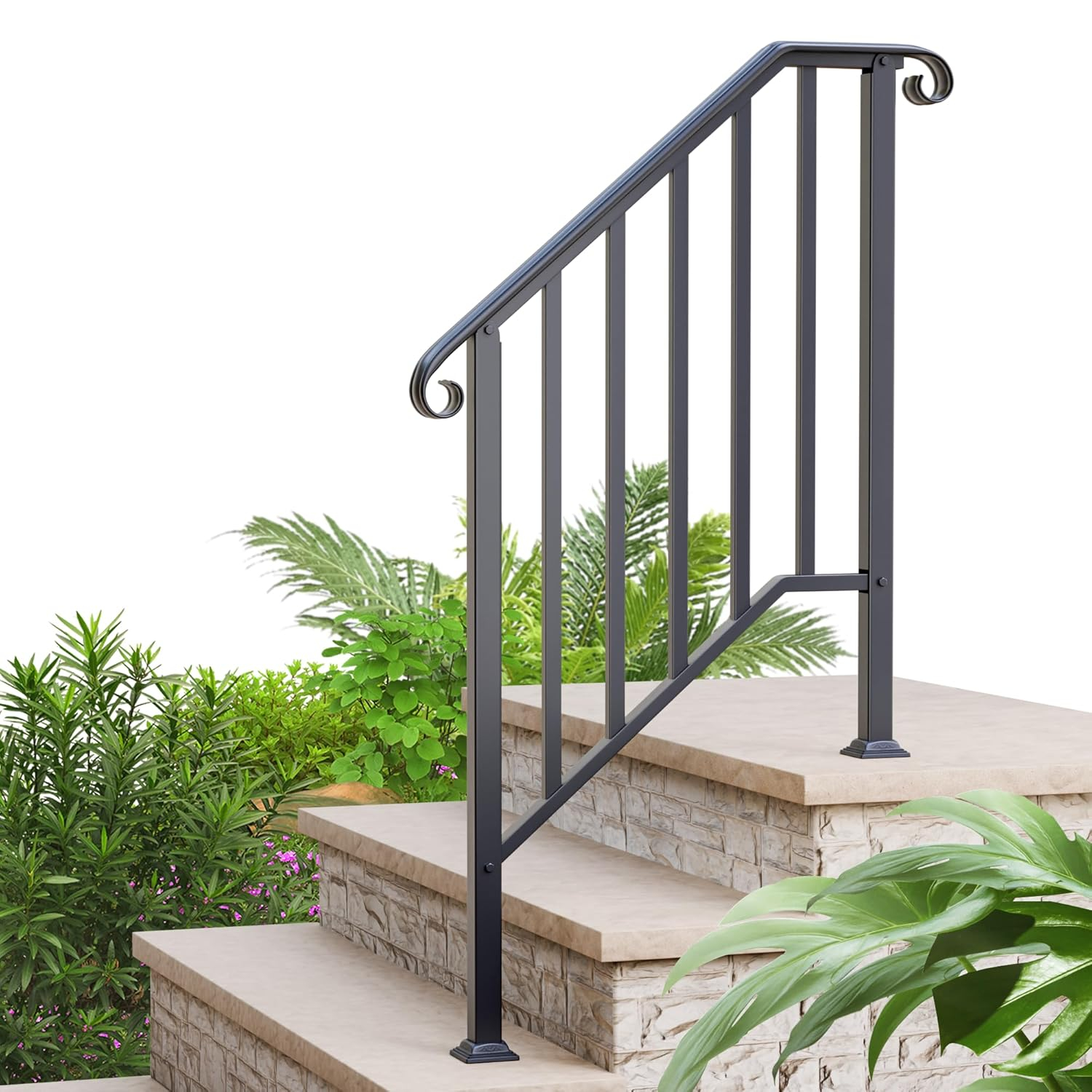 3 Step Handrails for Outdoor Steps, Wrought Iron Stair Railing Fits 2 or 3 Steps, Metal Hand Railing with Installation Kit, Staircase Handrails for Concrete, Porch, Deck, Exterior Steps, Black