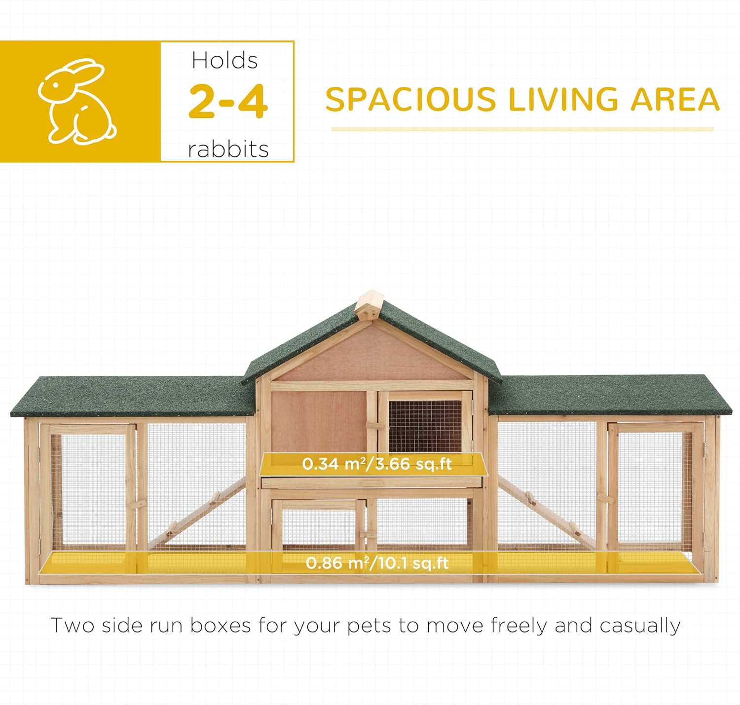 PawHut 83" L Outdoor Rabbit Hutch with Double Runs, Large Guinea Pig Cage Indoor, Wooden Bunny Hutch with Weatherproof Roof, Removable Tray, Ramps, Natural