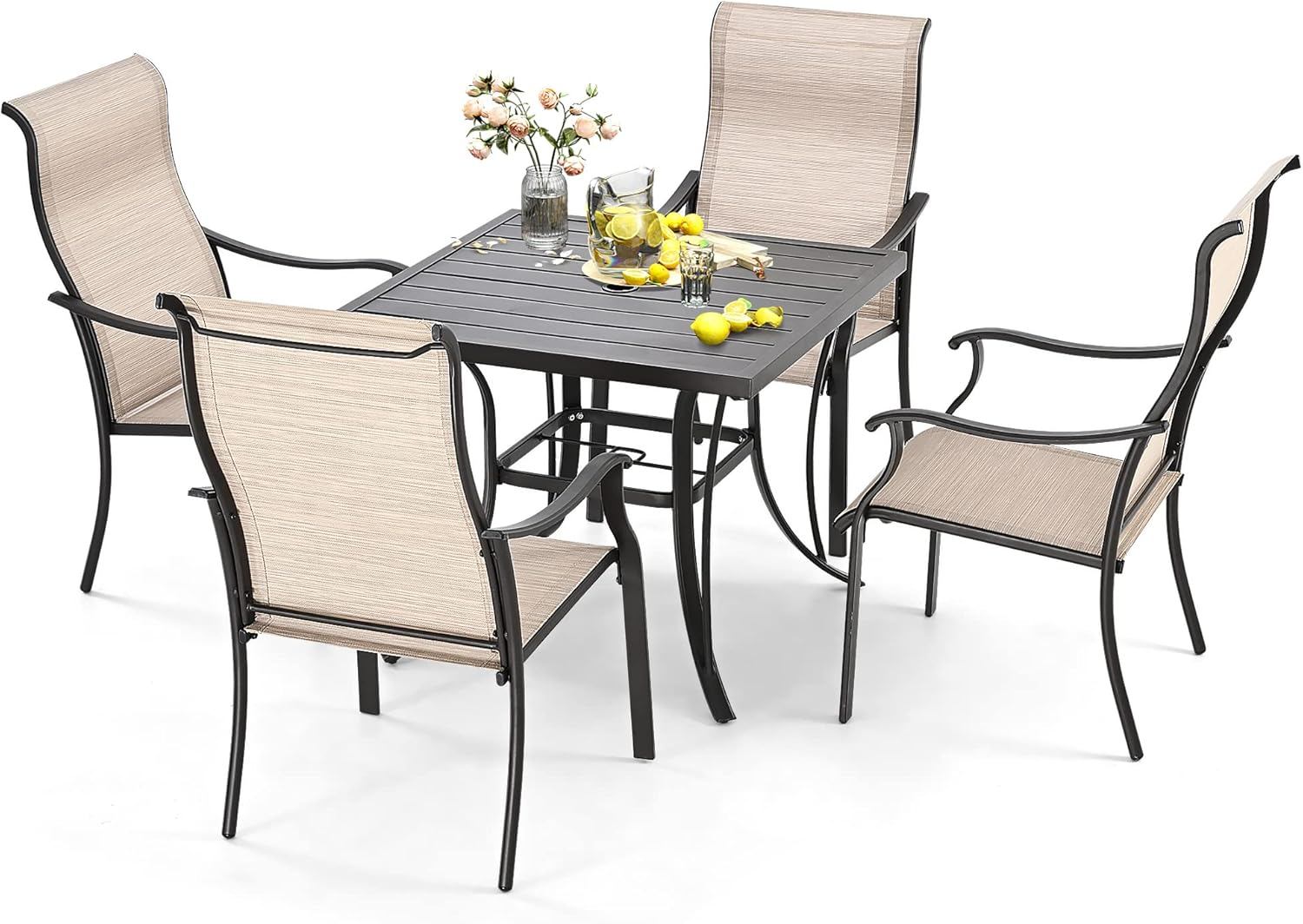 5 -Piece Gray Patio Dining Set Iron Square Table with 4 Gray Stationary Chairs