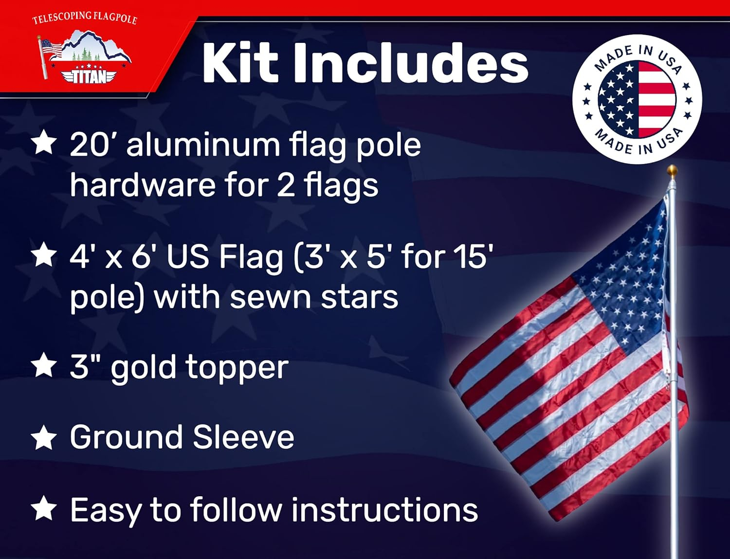 Titan Telescoping Flag Poles, 20ft Silver – Heavy Duty Flag Pole Kit, Includes Aluminum Telescoping Flag Pole, 4 x 6 American Flag, Hardware for 2 Flags and Detailed Installation Instructions