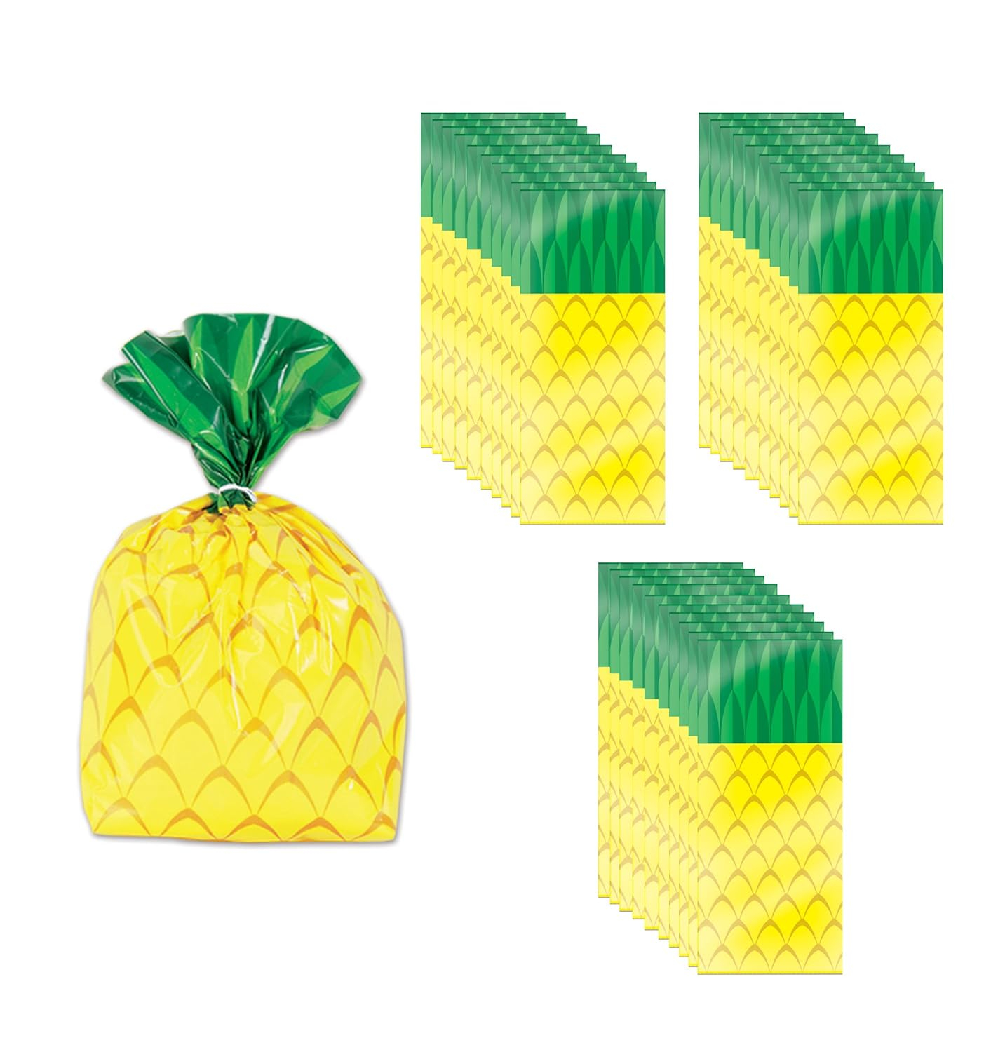 Beistle 75 Piece Tropical Treat Favor Bags, 4" x 9" x 2" - Summer Luau Party Pineapple Cello Candy Holders With Twist Ties