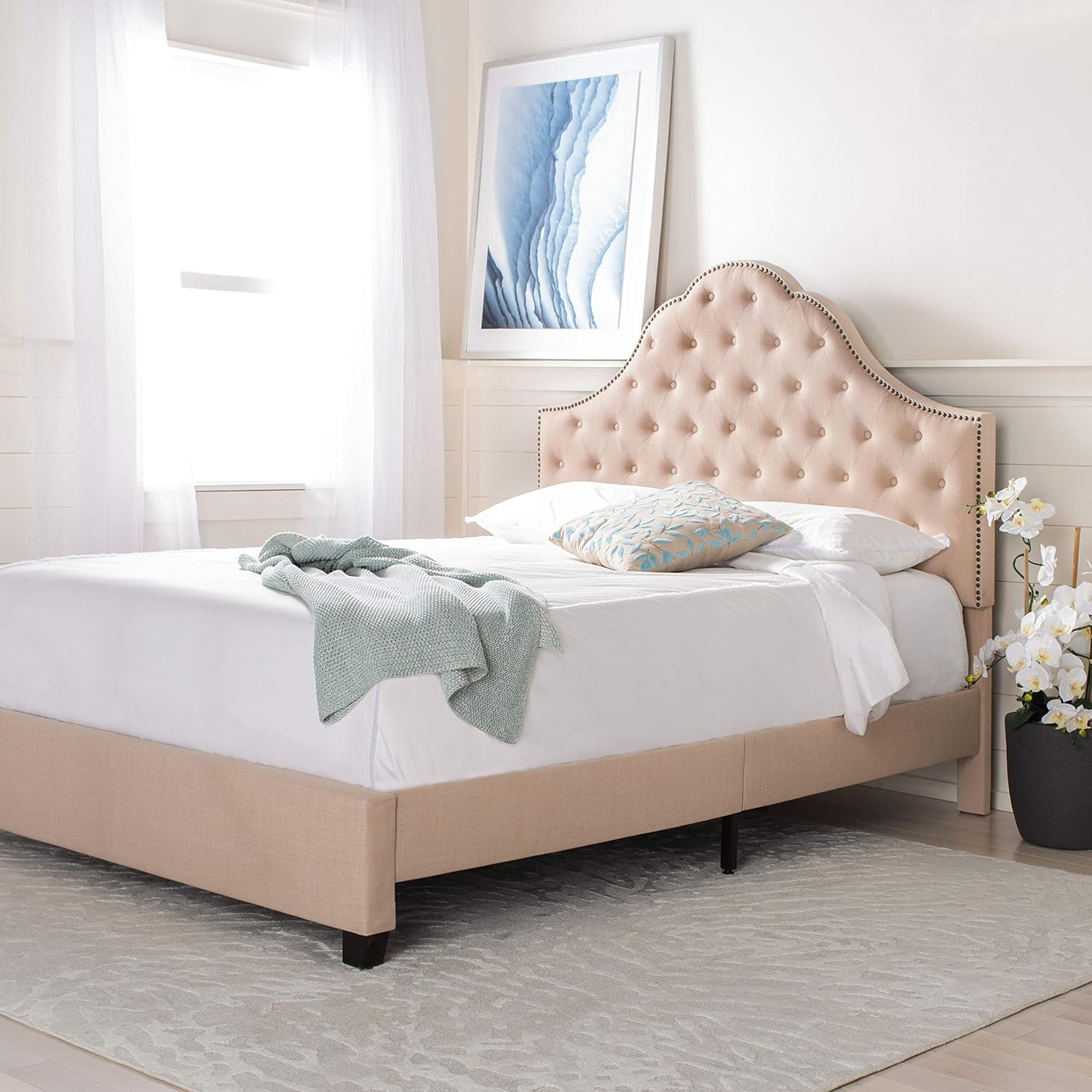 SAFAVIEH Beckham Modern Glam Tufted Headboard with Nail Heads, Queen, Beige