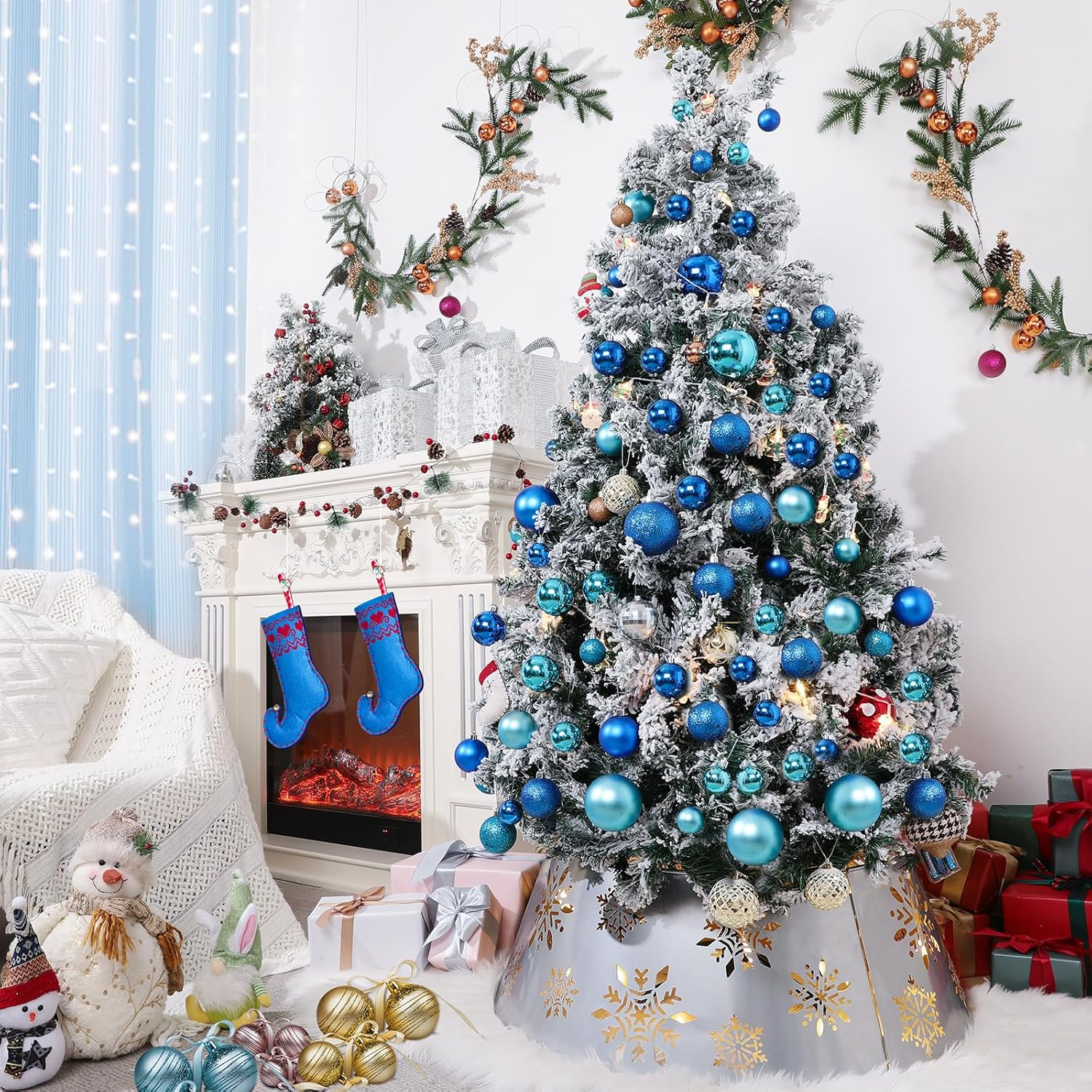 Metal Christmas Tree Collar, 3D Hollow Snowflake Pattern Christmas Tree Skirt with Star-Shaped LED String Lights, 29 Inch Diameter Decorative Xmas Tree Ring Stand Base Cover, Silver