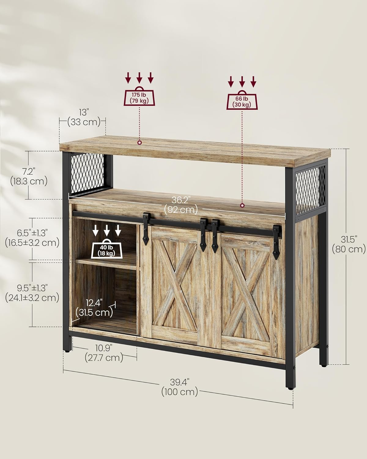 VASAGLE Buffet Cabinet, Storage Cabinet, Sideboard with 2 Sliding Barn Doors, Adjustable Shelves, 13 x 39.4 x 31.5 Inches, for Living Room, Turquoise Brown and Ink Black ULSC092B60