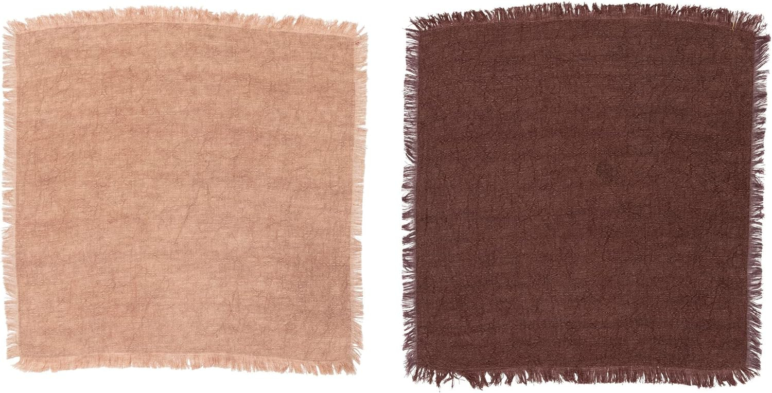 Bloomingville Square Linen Napkins with Fringe, Set of 4, Putty Orange and Aubergine