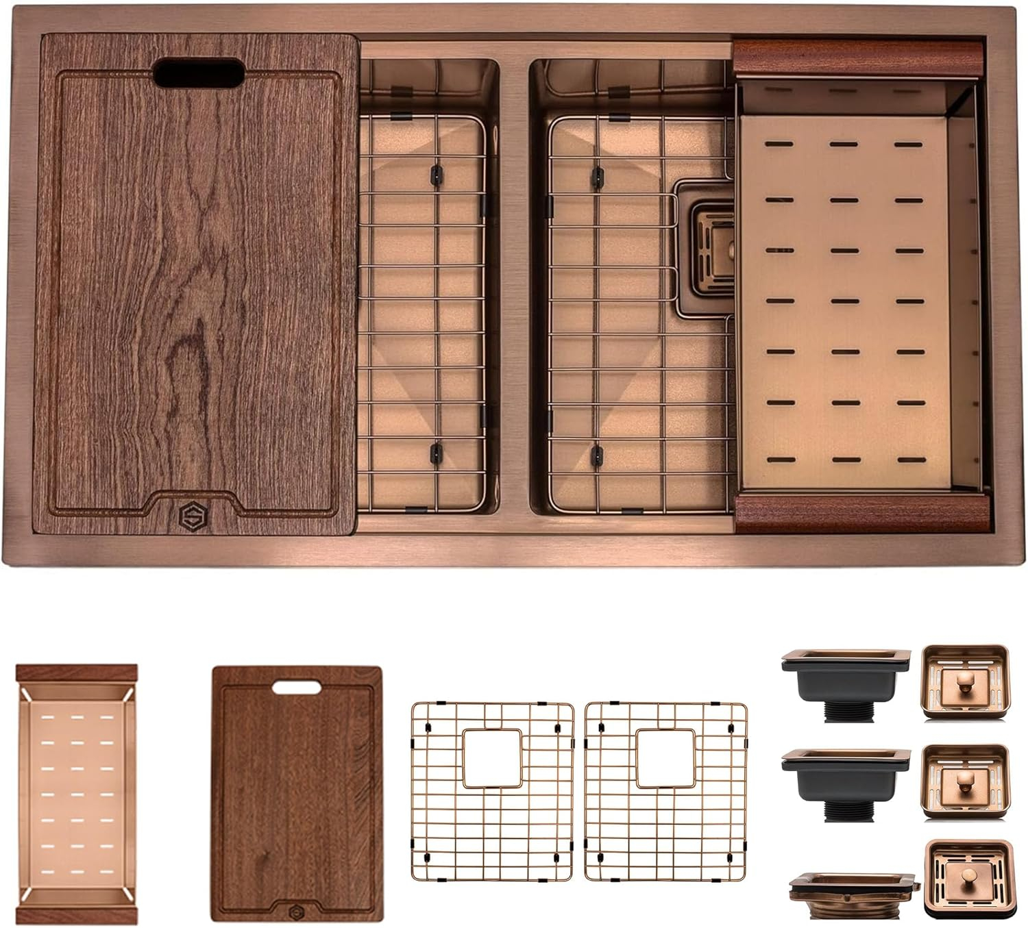 Strictly Sinks 32” Copper Undermount Workstation 16 Gauge Double Bowl Kitchen Sink Stain Resistant