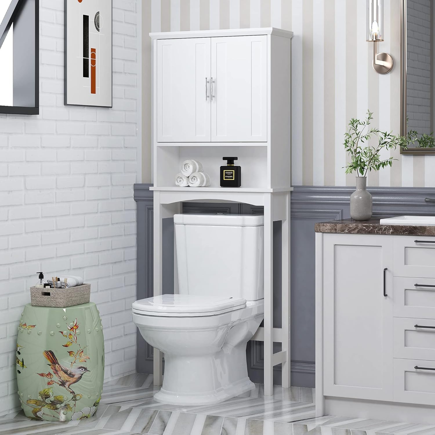 Sobaniilo Over The Toilet Storage Cabinet, Bathroom Storage Organizer Over Toilet, Space Saver W/Adjustable Shelf & Open Storage Shelf, White
