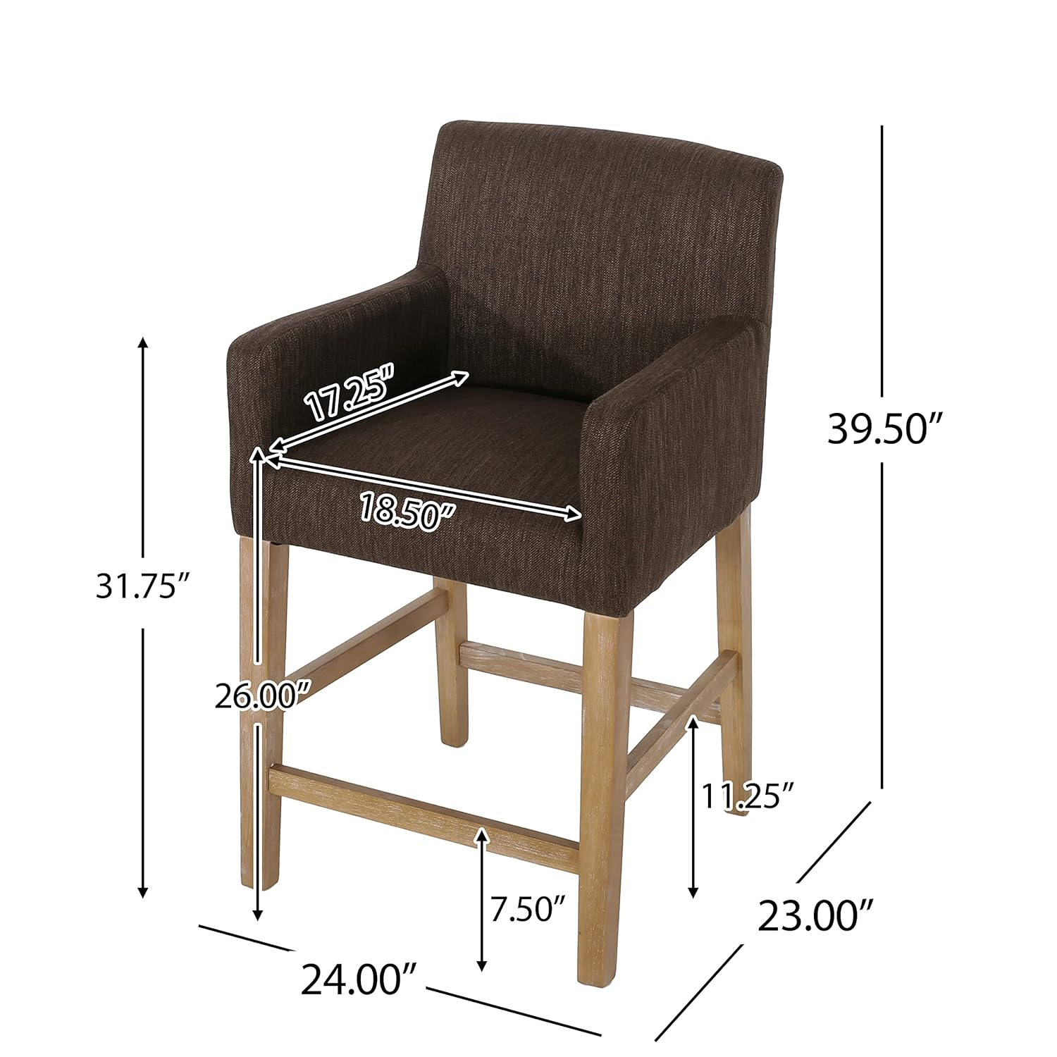 Brown Upholstered Wood Counter Stools with Armrests, Set of 2