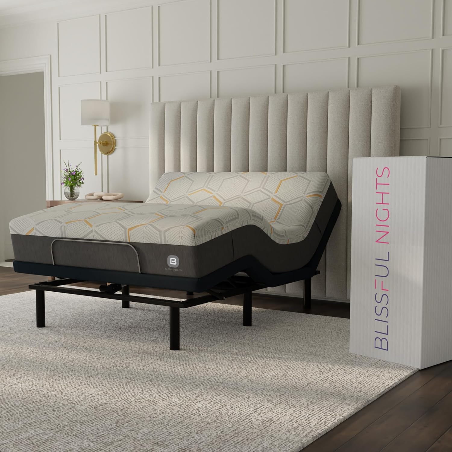 Blissful Nights e4 Queen Adjustable Bed Base Frame with 12" Medium Firm Copper and Gel Infused Memory Foam Mattress