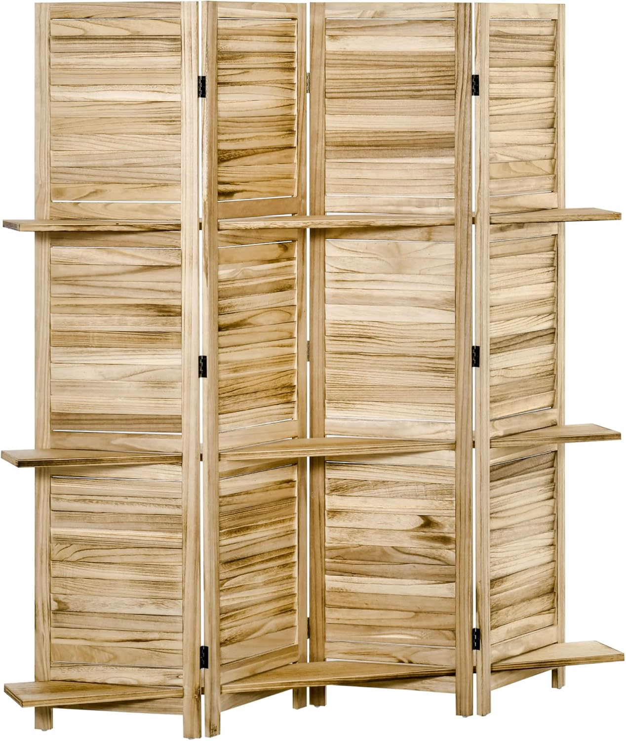 HOMCOM Room Divider, 4 Panel 67" Tall Wood Privacy Screen with 3 Display Shelves, and Folding Storage for Bedroom or Home Office, Natural Wood Color