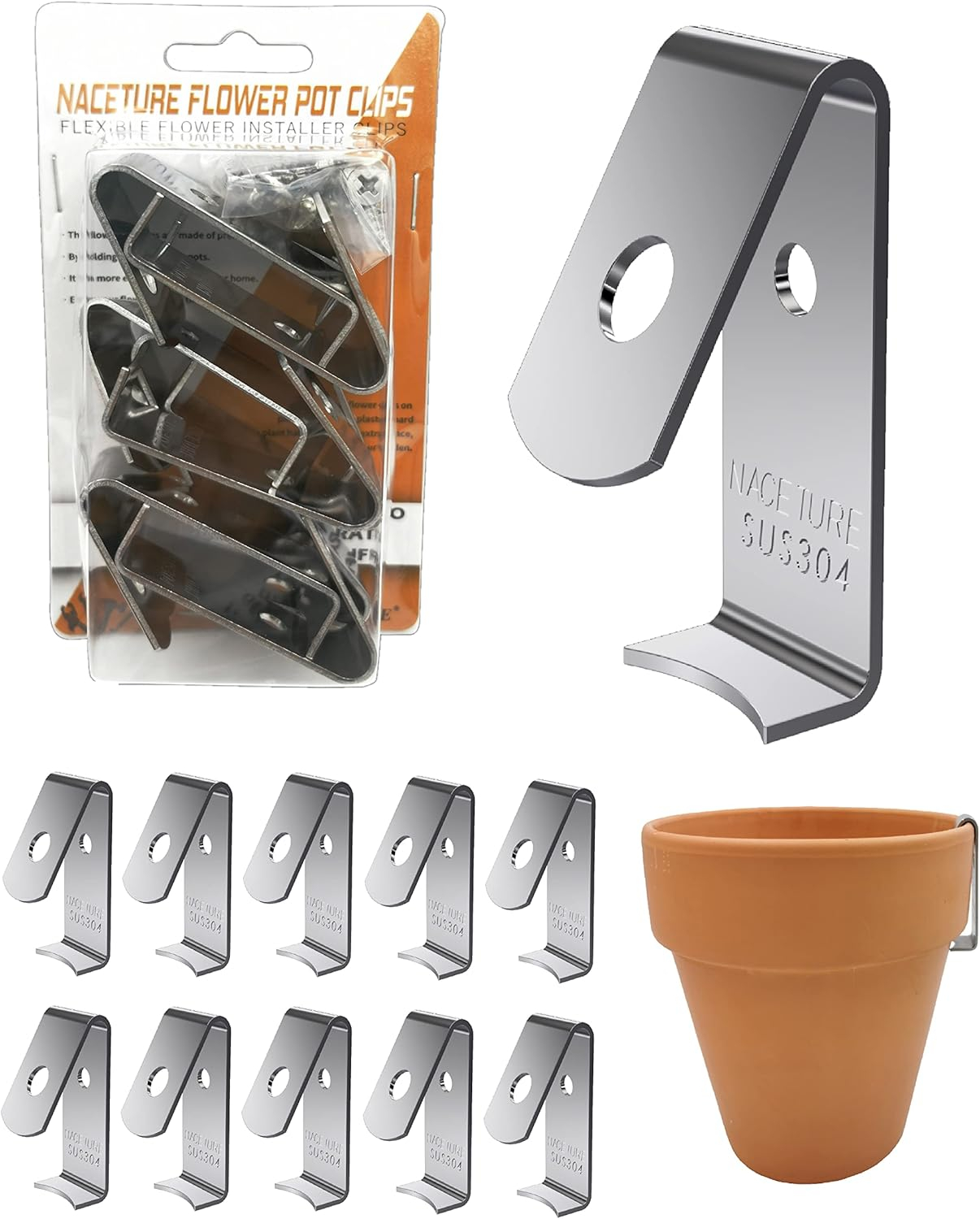 NACETURE Stainless Steel Plant Hangers Flower Pot Clips 12 Pcs - Outdoor Wall Hook Metal Plant Stand Holds 5" to 8" Standard Flower Pot