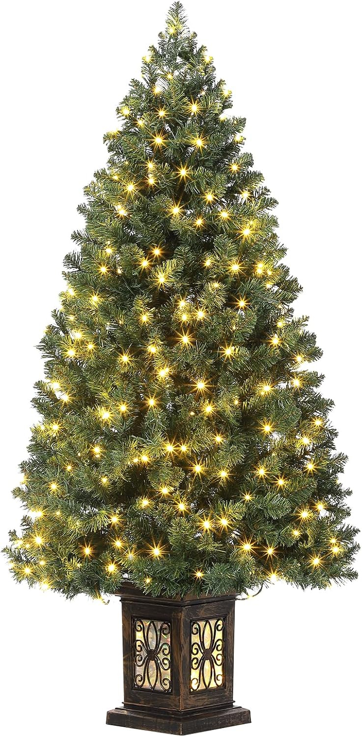 FOLDLIFE 4.5ft Artificial Fiber Optic Christmas Tree with 300 LED Lights and 8 Lighting Modes, Pre-Lit Christmas Tree with Metal Hinges and Antique Urn Base