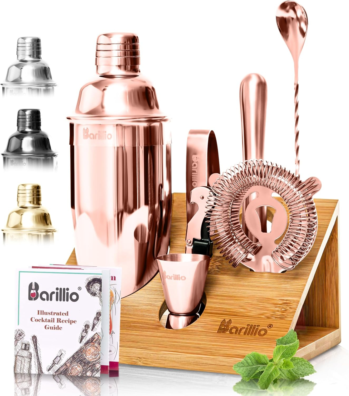 Rose Gold Stainless Steel Bartender Kit with Bamboo Stand