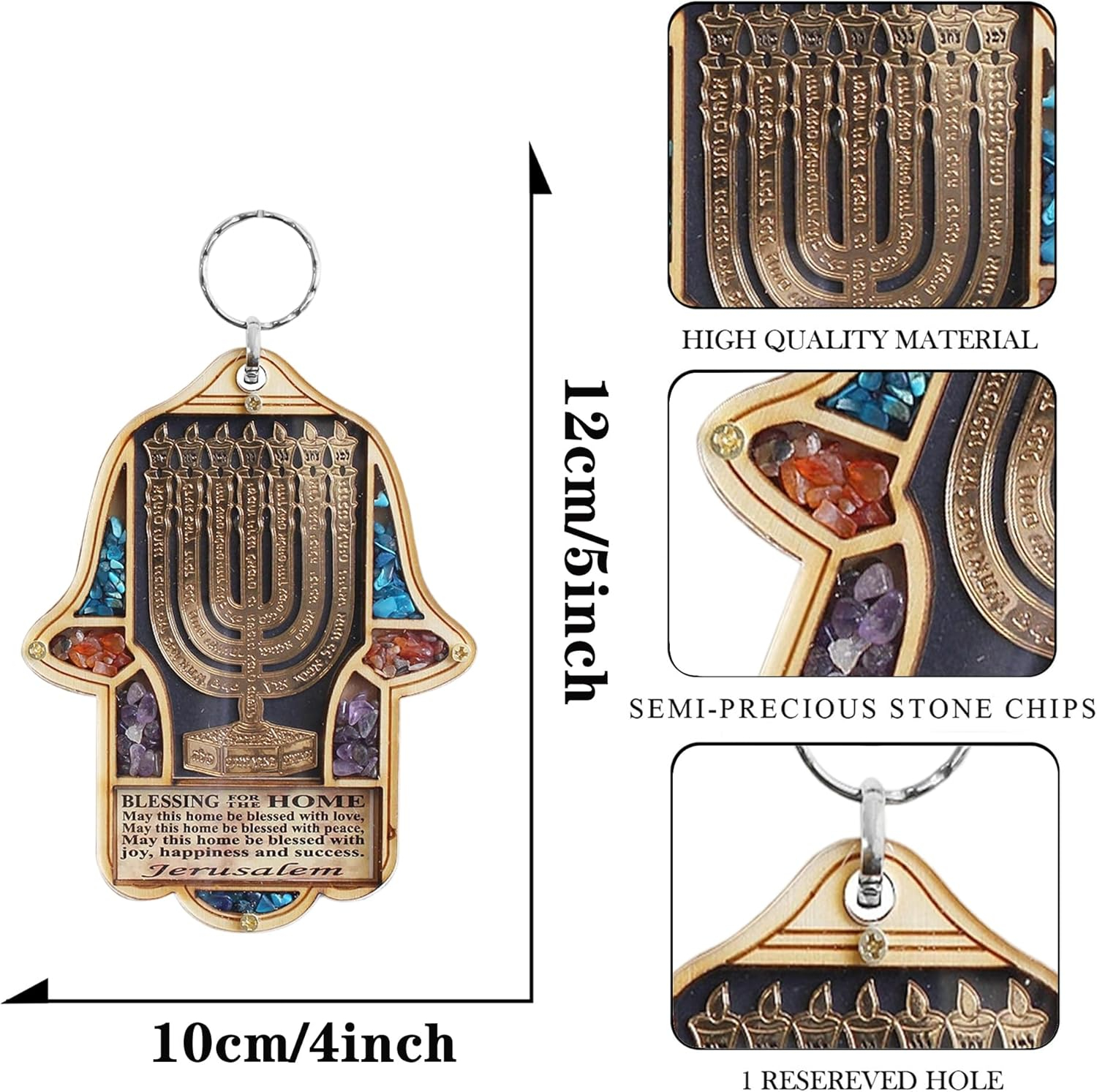 Jewish Wooden Hamsa Menorah Blessing for Home - Good Luck Wall Decor with Simulated Gemstones