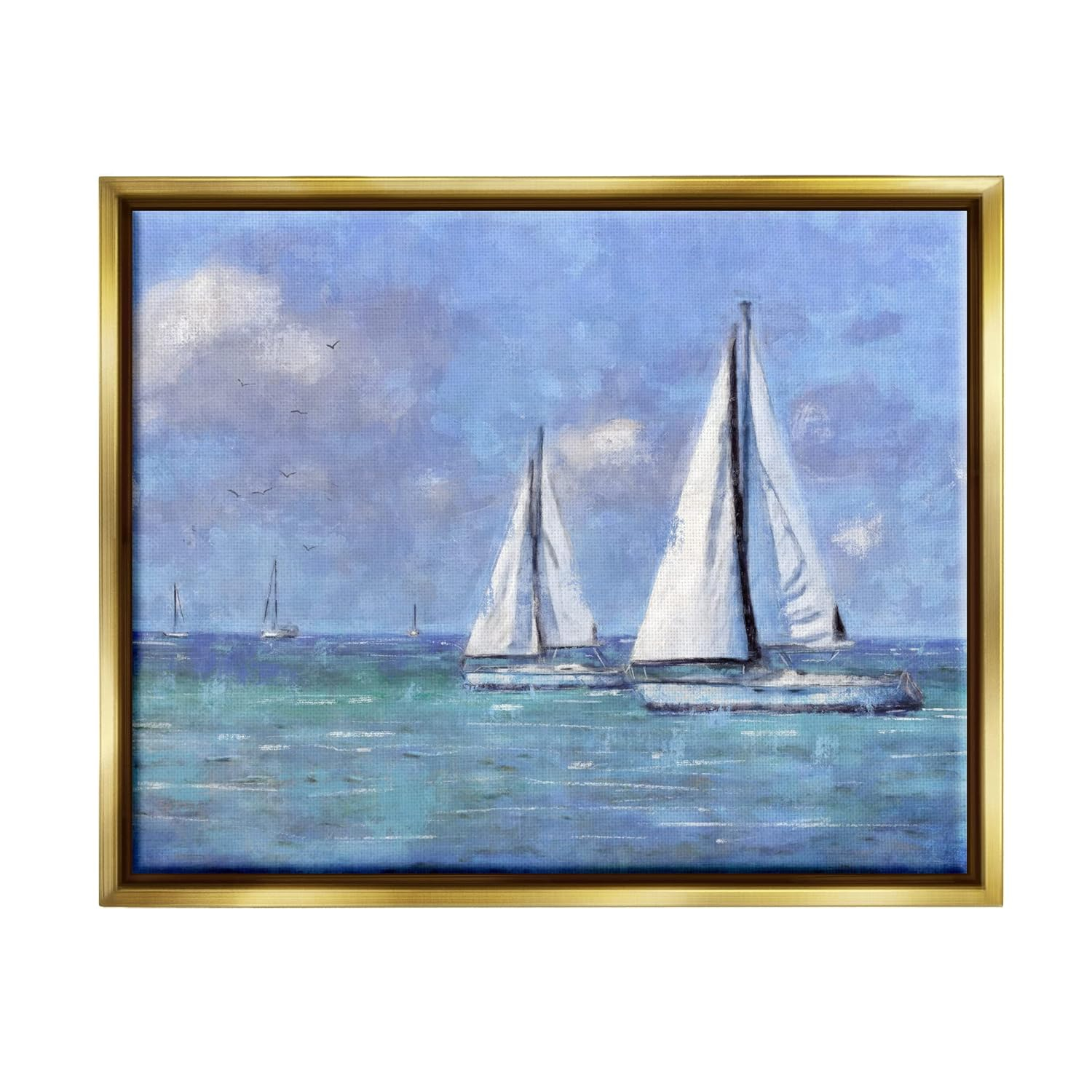 Stupell Industries Sailboats Drifting Vivid Blue Sky Painting Metallic Gold Floating Framed Canvas Print Wall Art, Design by Nina Blue