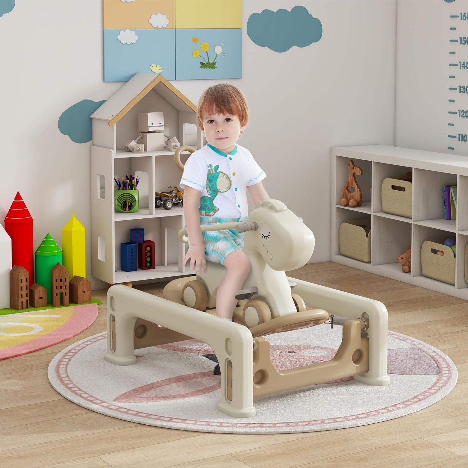Qaba 5 in 1 Rocking Horse for Toddlers Years 1-6, Kids Spring Ride on Horse Balance Bike with Detachable Balance Board, Push Handle & Footrest for Baby Boys and Girls, Cream White