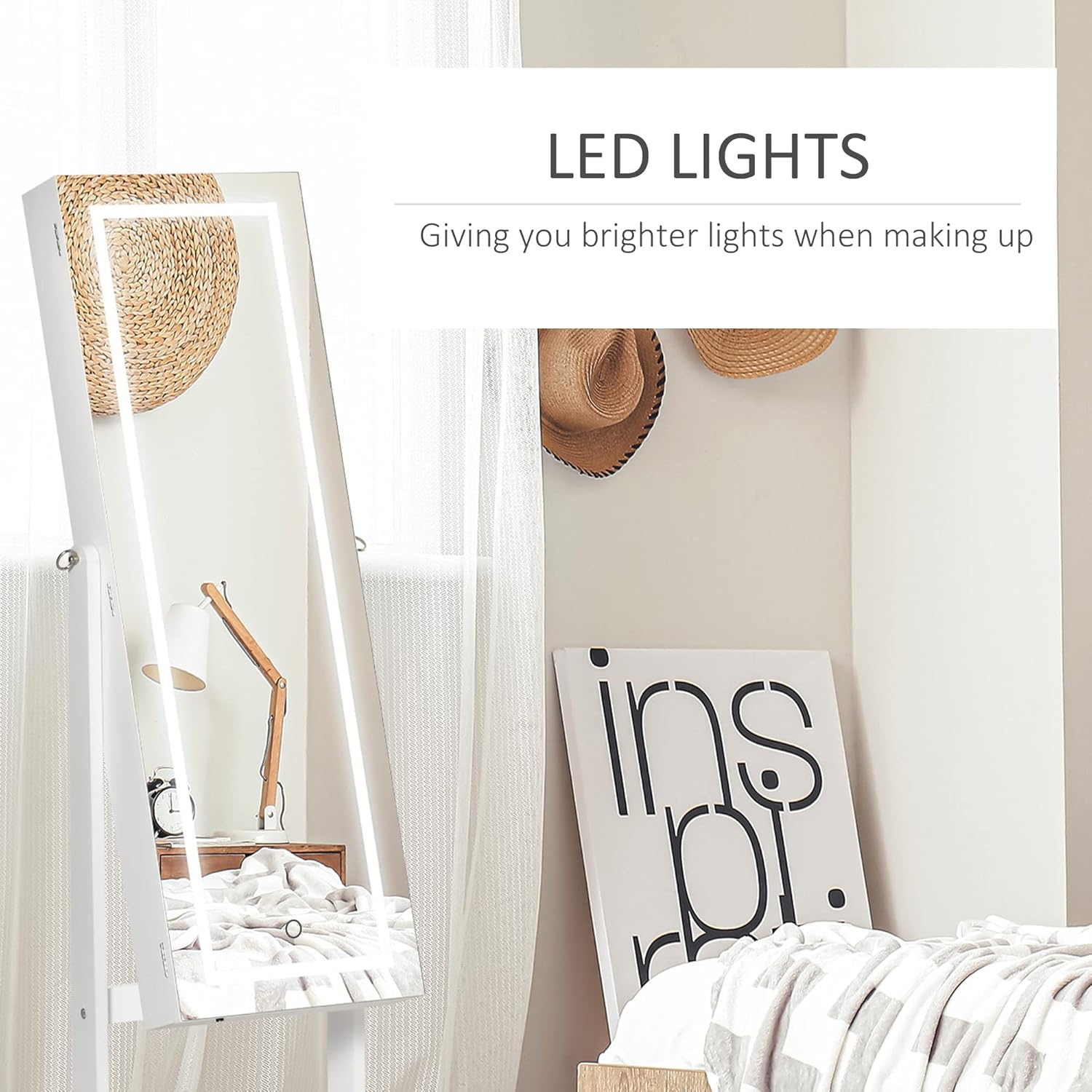 White MDF Floor Standing Jewelry Cabinet with LED Light and Mirror