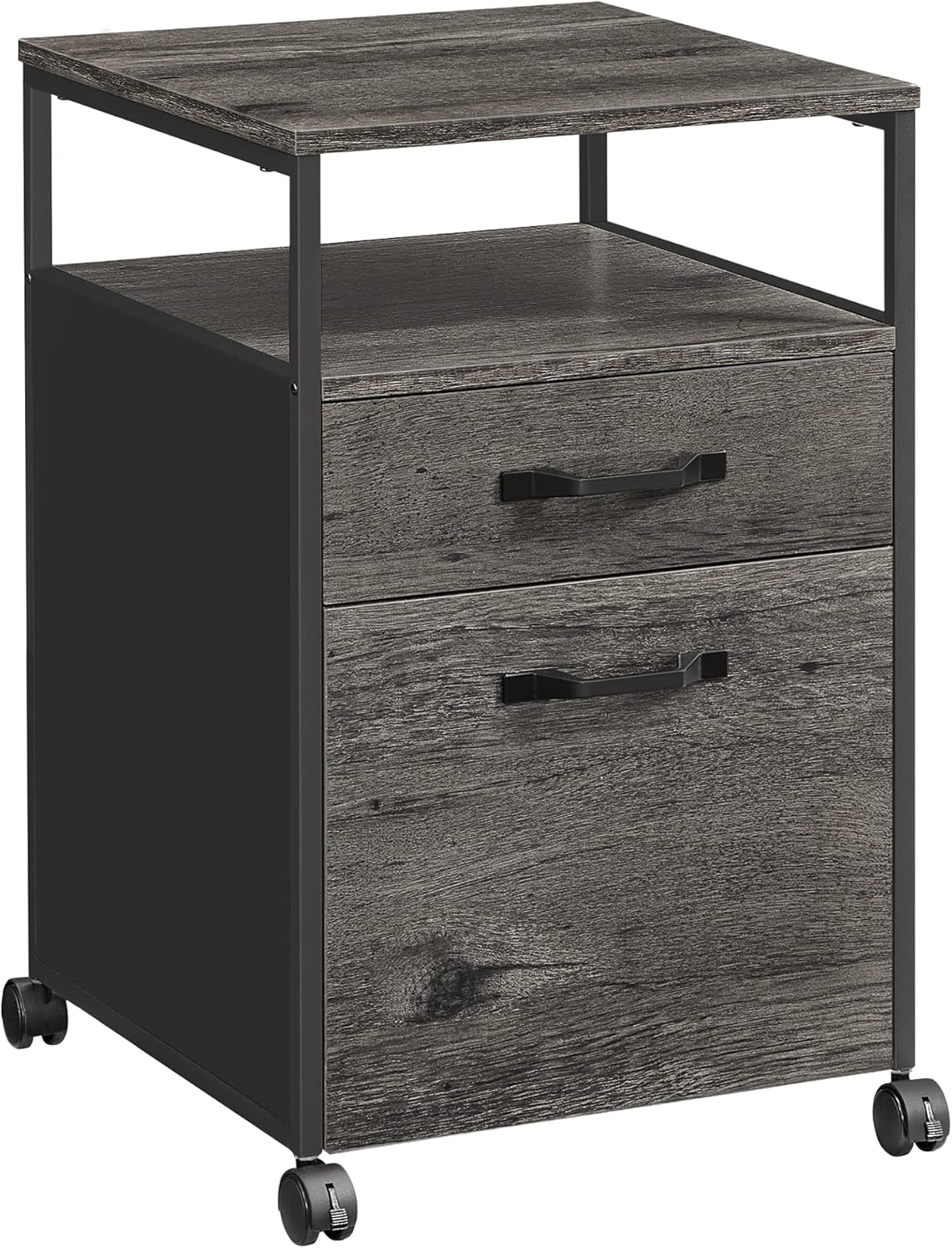 VASAGLE File Cabinet, Mobile Filing Cabinet with Wheels, 2 Drawers, Open Shelf, for A4, Letter Size, Hanging File Folders, Charcoal Gray and Ink Black UOFC071B04