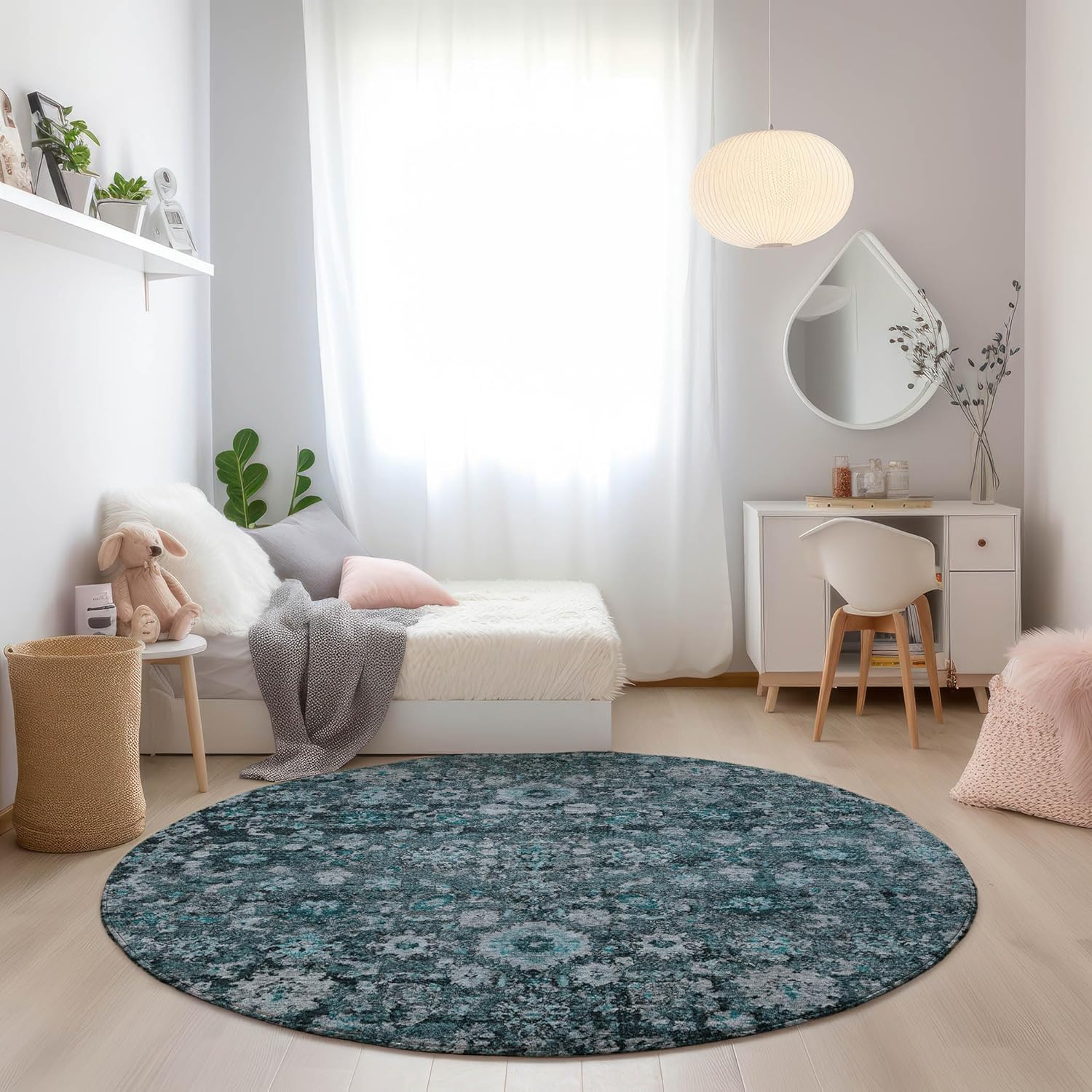 Teal and Gray Round Machine-Washable Synthetic Rug