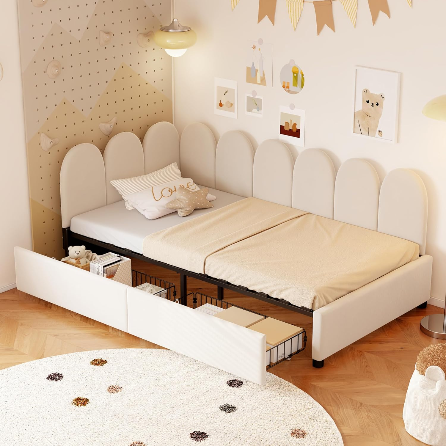 DreamBuck Full Size Upholstered Bed Frame with LED Lights, Upholstered Princess Bed with Crown Headboard and Wooden Slats Support, Modern Platform Bed for Kids, Teens, Girls, No Box Spring Needed