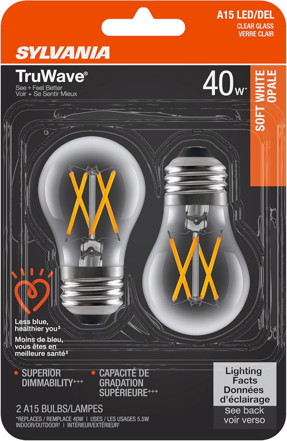Sylvania TruWave A15 E26 (Medium) LED Bulb Clear Soft White 40 Watt Equivalence 2 pk