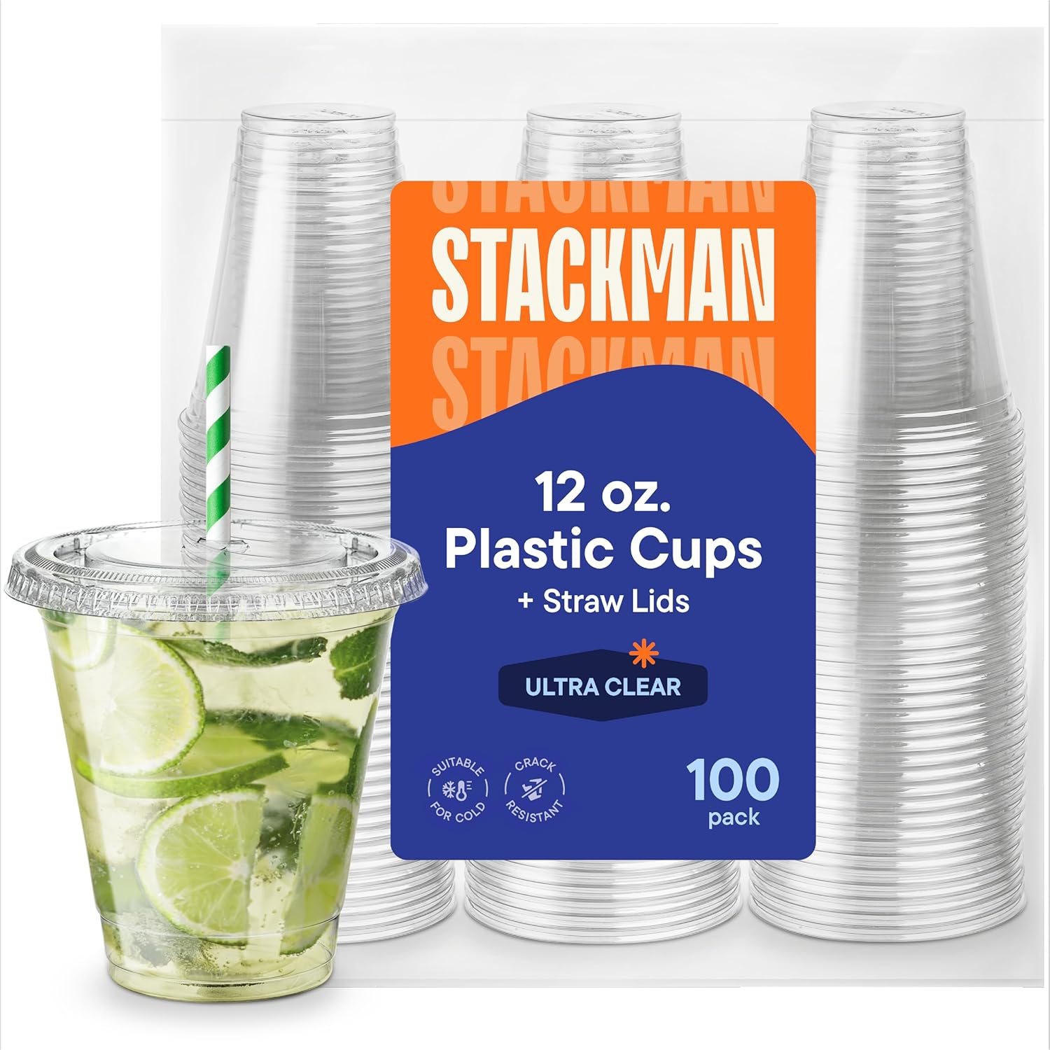 Stack Man Clear Plastic Cups with Lids 12 oz [100 Sets] Disposable Iced Coffee Cups with Straw Lids