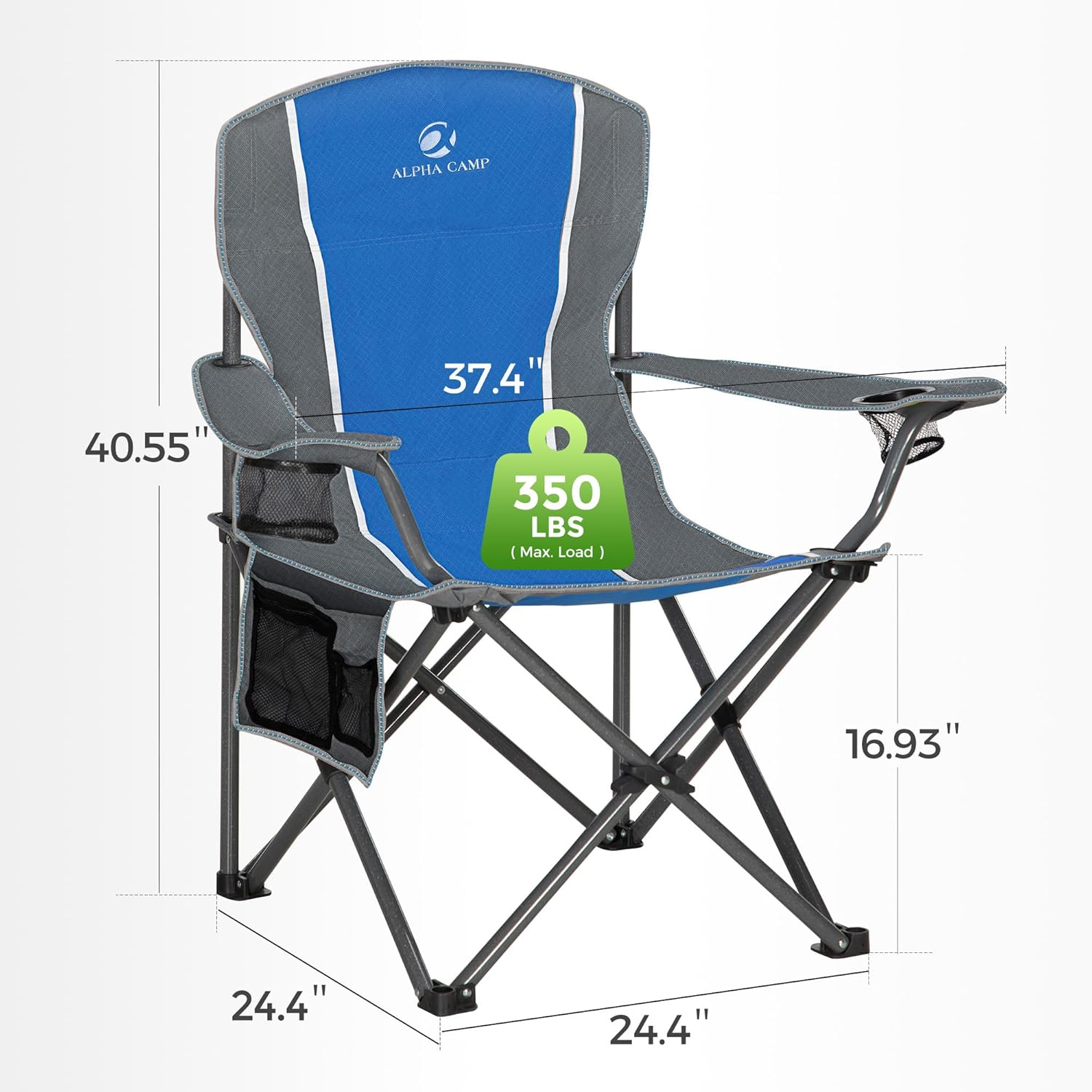 Oversized Camping Folding Chair Padded Arm Chair with Cup Holder Blue Grey