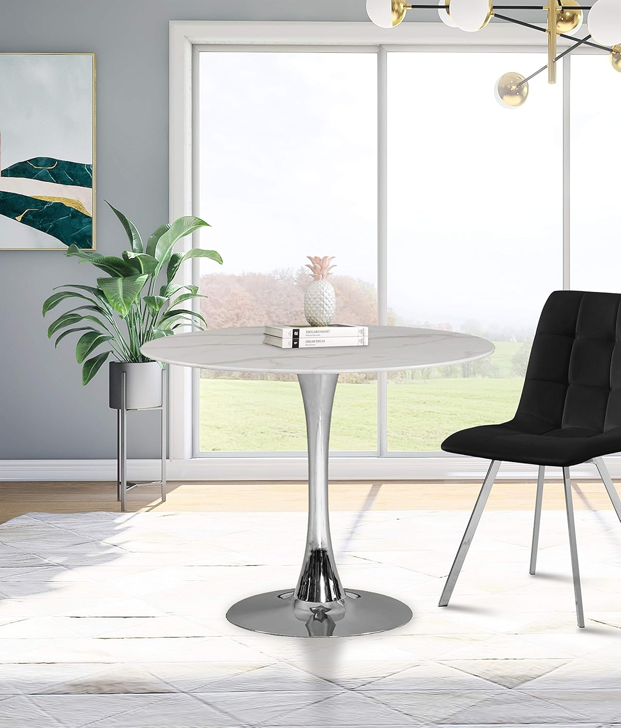 Meridian Furniture 972-T Holly Collection Modern | Contemporary Round Dining Table with Faux Marble Table Top and Rich Chrome Base, 36" W x 36" D x 29.5" H