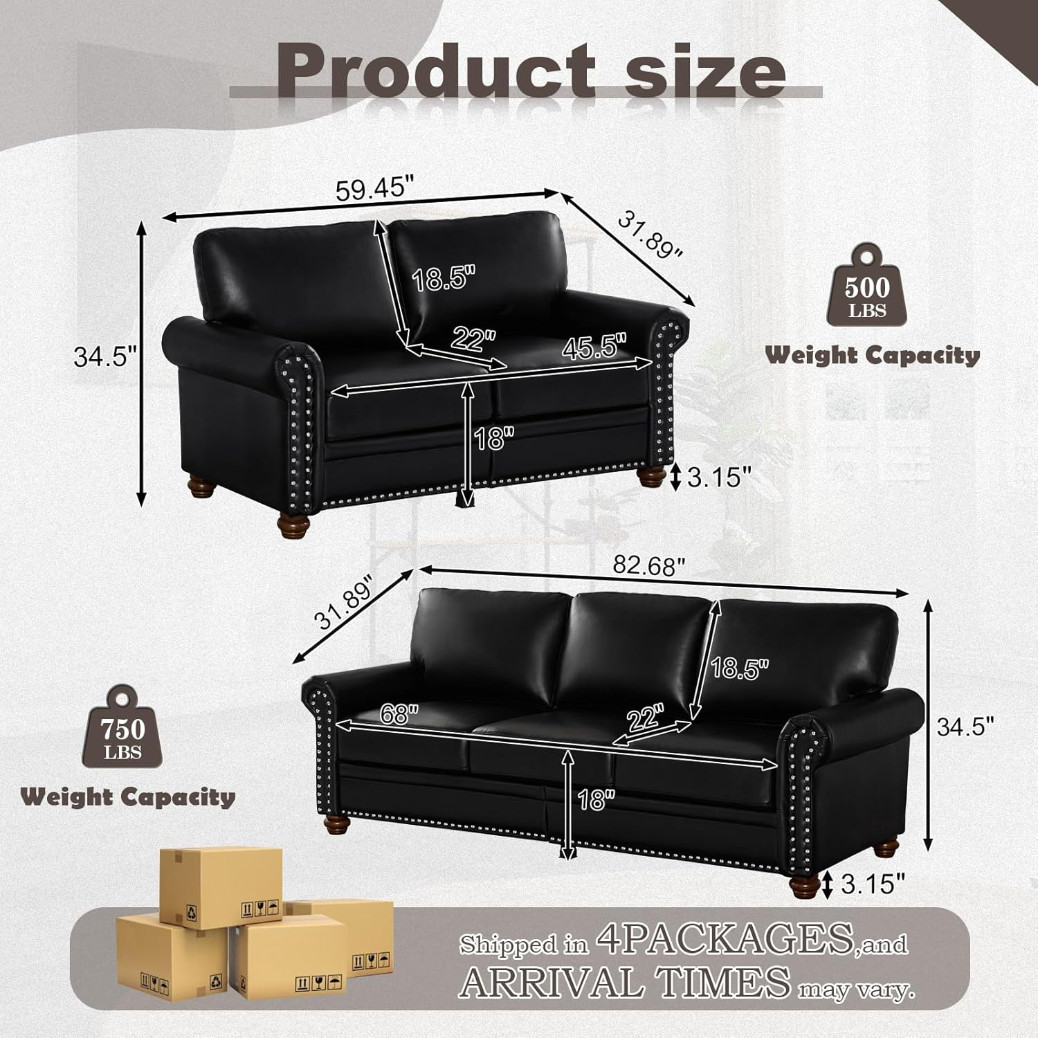 2 Piece Faux Leather Sofa Set,Modern Couch and Loveseat Sets with Storage,Mid Century Couch with Rivet Rolled Arm,Comfy Deep Seat Sofa,Furniture for Living Room,Office(Loveseat+3 Seater,Black)