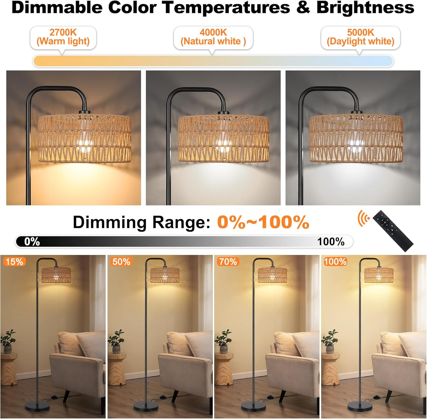 PARTPHONER Farmhouse Floor Lamp, 68''Tall Lamp for Living Room with Remote 3 Color Temperatures Boho Standing Lamp with Rattan Shades for Bedroom Study Room Office Hotel, Bulb Include