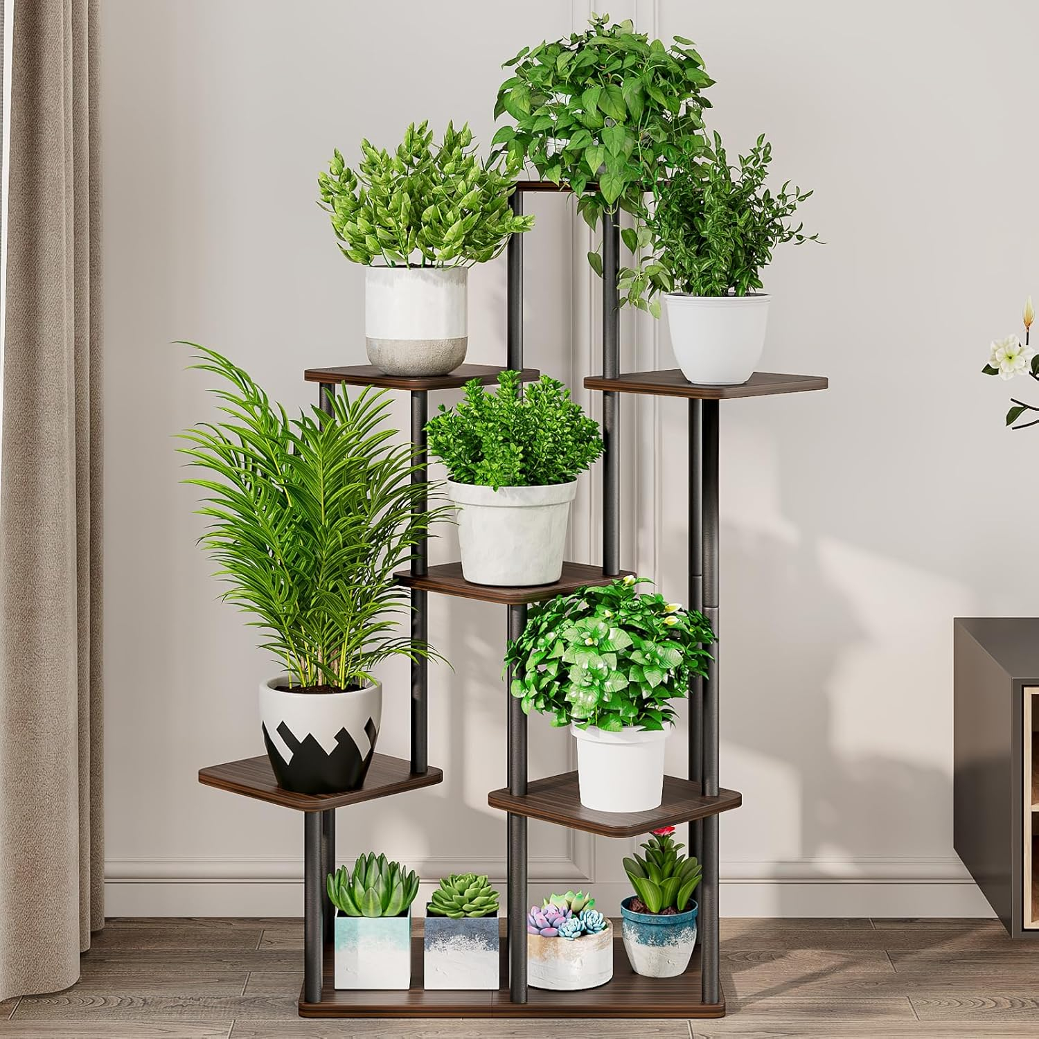 AZERPIAN Plant Stand 7 Tier Indoor Metal Flower Shelf for Multiple Plants Corner Tall Flower Holders for Patio Garden Living Room Balcony Bedroom, Black Oak