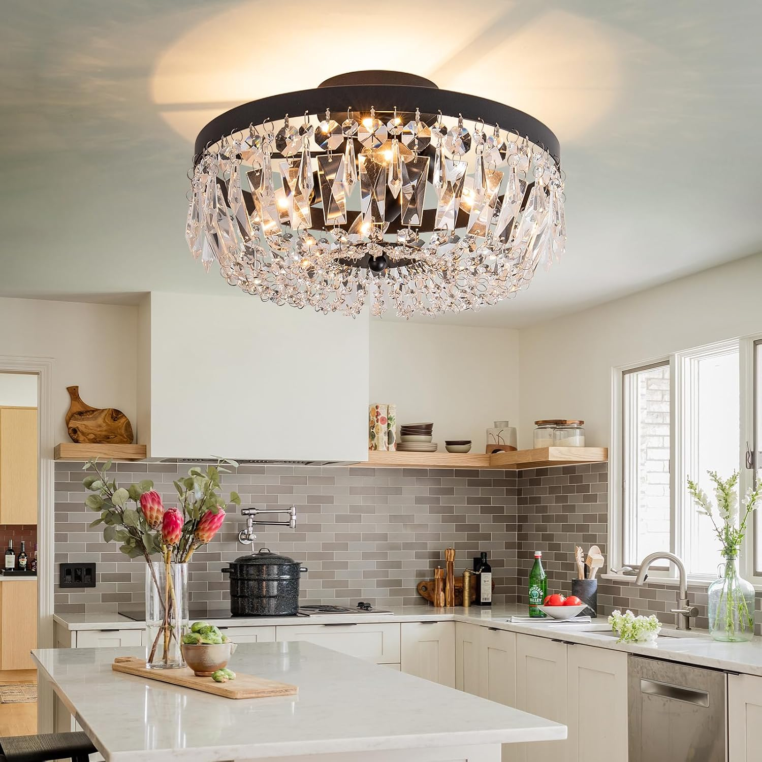 KSRYSZCQ Black Crystal Ceiling Light 4 Light Semi Flush Mount Ceiling Light Crystal Close to Ceiling Light Fixtures for Bedroom Living Room Kitchen Hallway