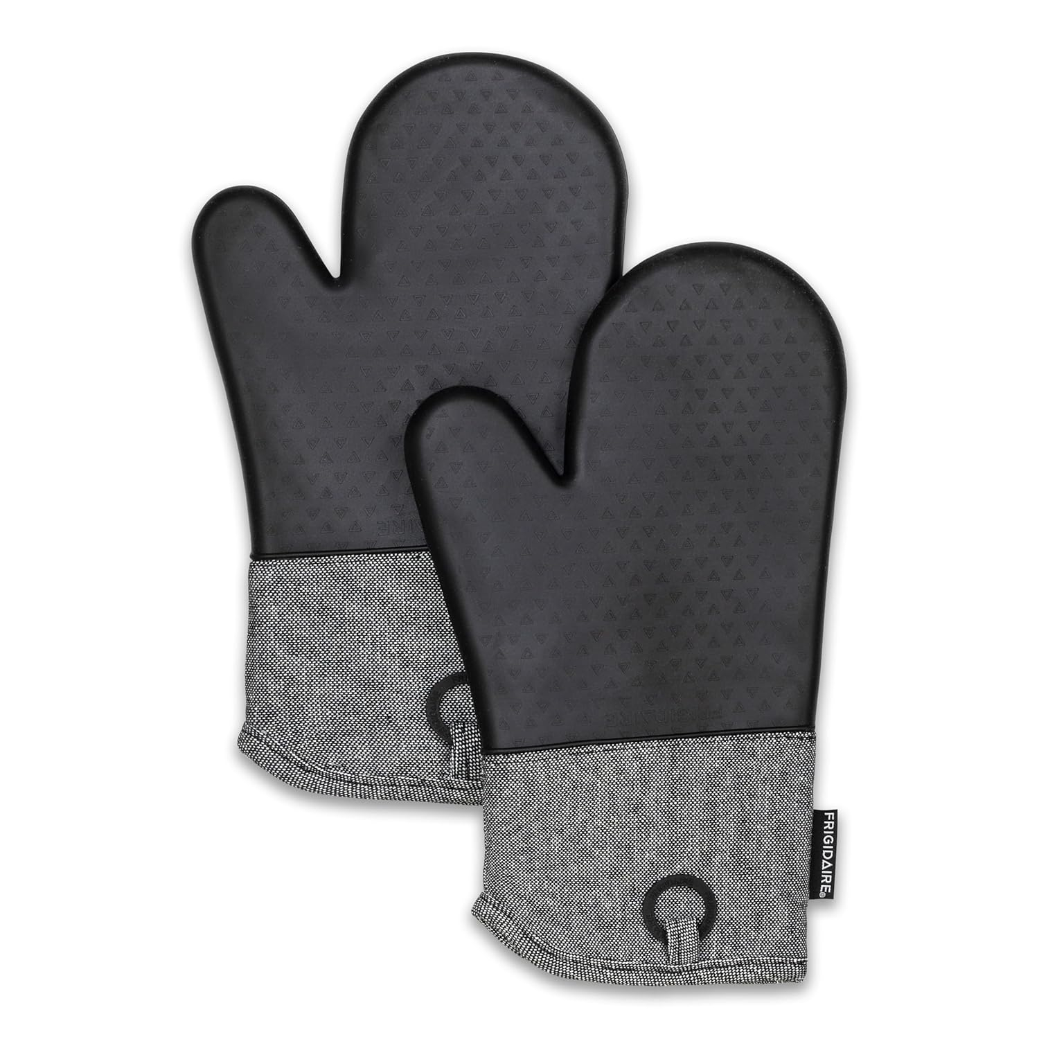Frigidaire Sasha Cotton and Silicone Oven Mitts, Heat Resistant, Anti-Slip, Machine Washable, 13”x 7 “,Black, Set of 2